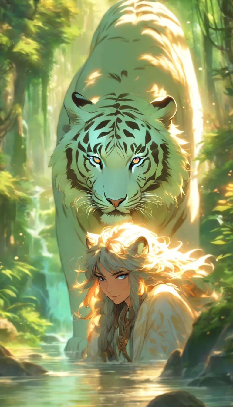 (a female druid:1.1, beautiful detailed eyes, beautiful detailed lips, detailed facial features), (a huge white Siberian tiger familiar:1.1, piercing blue eyes) patrolling the mystical forest, (lush green foliage), (ancient towering trees), (moss-covered rocks), (glistening river flowing through), (rays of sunlight filtering through the canopy), (whispers of magic in the air), (best quality, realistic:1.37), (fantasy landscape), (vibrant color palette), (soft warm tones), (magical light)