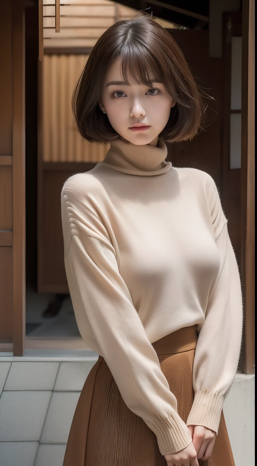 (Raw photography:1.2)、(Photorealsitic:1.4)、(masterpiece:1.3)、(top-quality:1.4)、超A high resolution、(A detailed eye)、(detailed facial features)、(detailed clothes features)、8K分辨率、solofocus、bangss、Double eyelids、Beautiful lips、toned legs、(Slender girl)、(a japanese girl)、(Japan Faces)、((Bery short hair:1.2))、1 girl in、Slim Beauty:1.3、brown haired、Delicate hair、(Colossal tits:1.2)、Streets of Kyoto、Kiyomizu-dera Temple、Detailed street fashion、Turtleneck knitwear、flered skirt、Looking at the camera