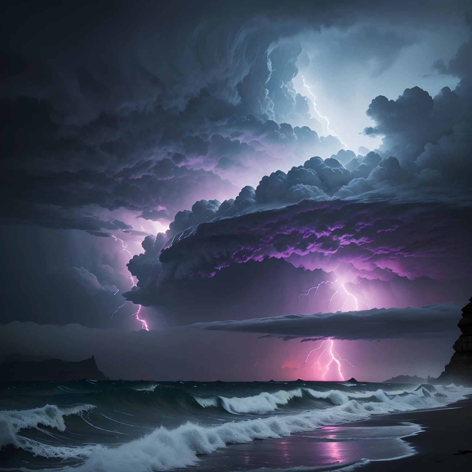 (best quality,highres,ultra-detailed),heart-shaped,purple storm cloud,storm cloud with multiple purple colors,lightnings,cloud over the sea,high detail,stormy,waves crashing,foaming sea,windy,breathtaking view,surreal landscape,False Bay,luminous effect,ethereal,dramatic composition,beautiful contrast,dark sky,vivid hues,lush colors,subtle gradient,stormy atmosphere,moody lighting,emotional impact,impressive scenery,awe-inspiring,romantic,poetic,mysterious,thunderous sound,captivating,oneiric ambiance