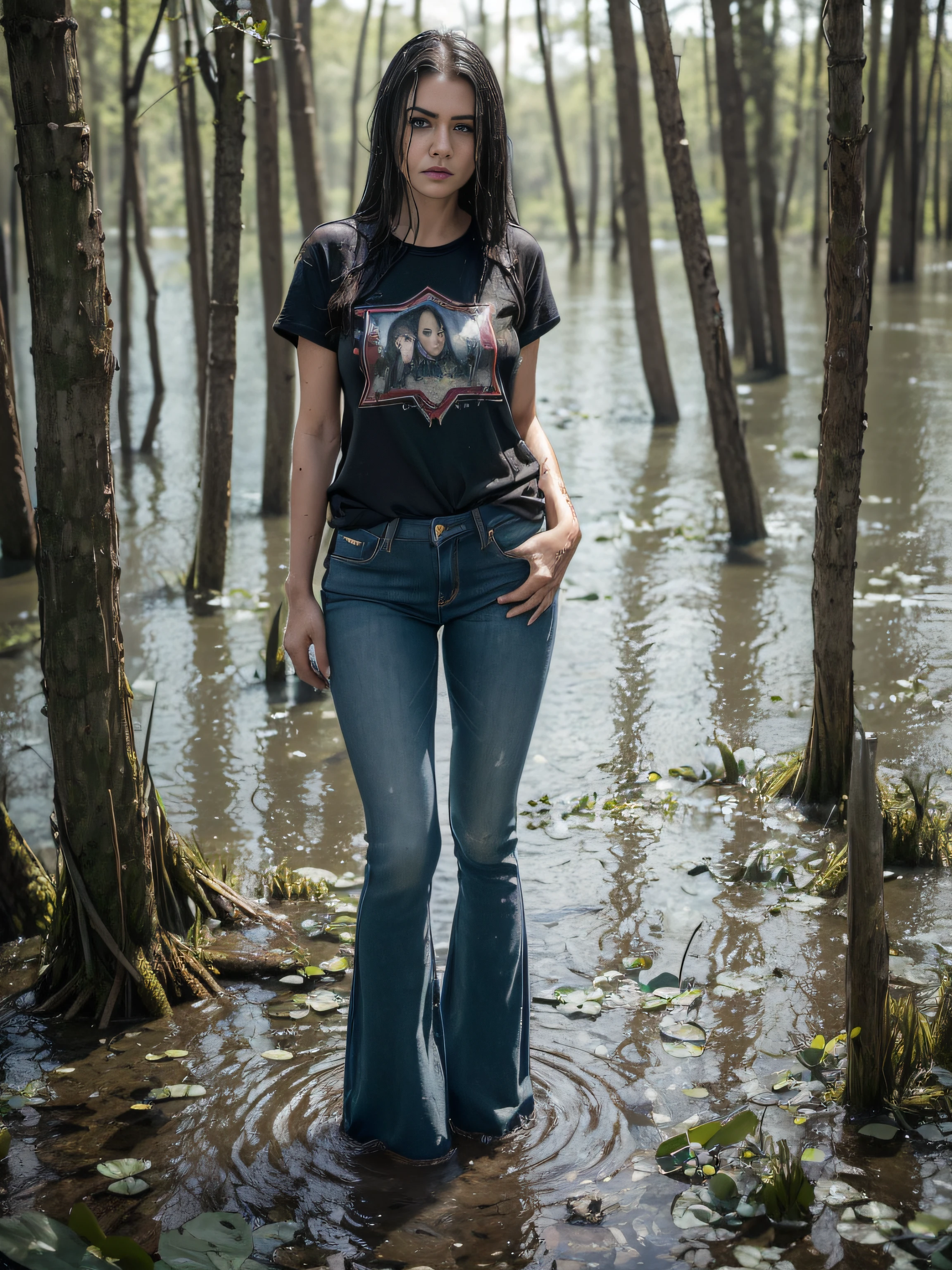 (tmasterpiece, Raw, 16k, bokeh:1.4), The woman, (Ultra Long Jeans:1.17), (Wide flares on jeans:1.0), (drowned in the swamp up to her ankles:1.37), (standingn:1.21), Pronounced wrinkles, (Detailed eyes and face),(tshirt:1.1),expression of despair,(Imminent Doom:1.1),(gloomy ecstasy:1.2),