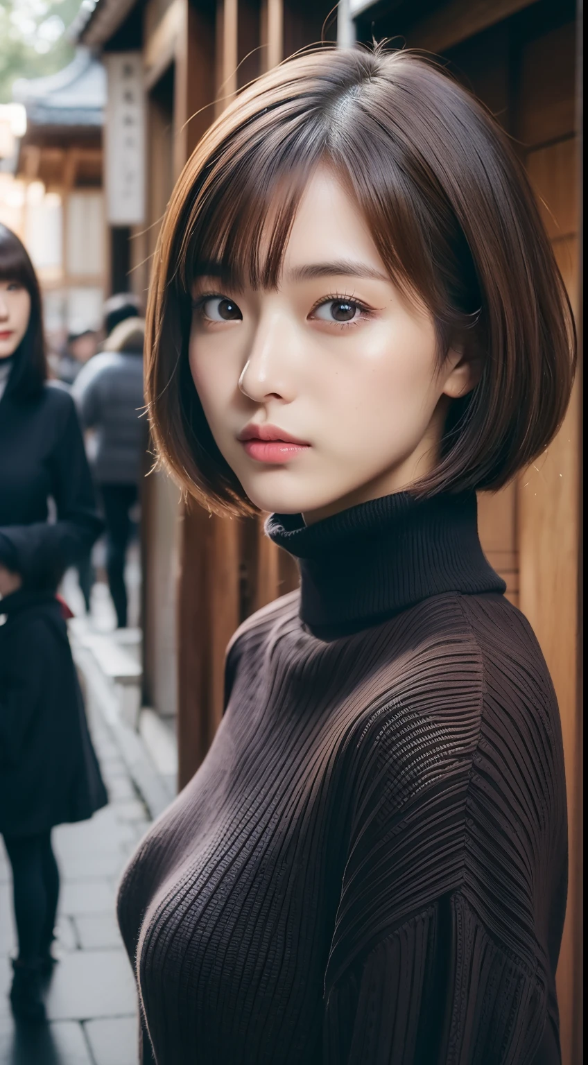 (Raw photography:1.2)、(Photorealsitic:1.4)、(masterpiece:1.3)、(top-quality:1.4)、超A high resolution、(A detailed eye)、(detailed facial features)、(detailed clothes features)、8K分辨率、solofocus、bangss、Double eyelids、Beautiful lips、toned legs、(Slender girl)、(a japanese girl)、(Japan Faces)、((Bery short hair:1.2))、1 girl in、Slim Beauty:1.3、brown haired、Delicate hair、Streets of Kyoto、Kiyomizu-dera Temple、Detailed street fashion、Knitted with a loose turtleneck、flered skirt、Looking at the camera
