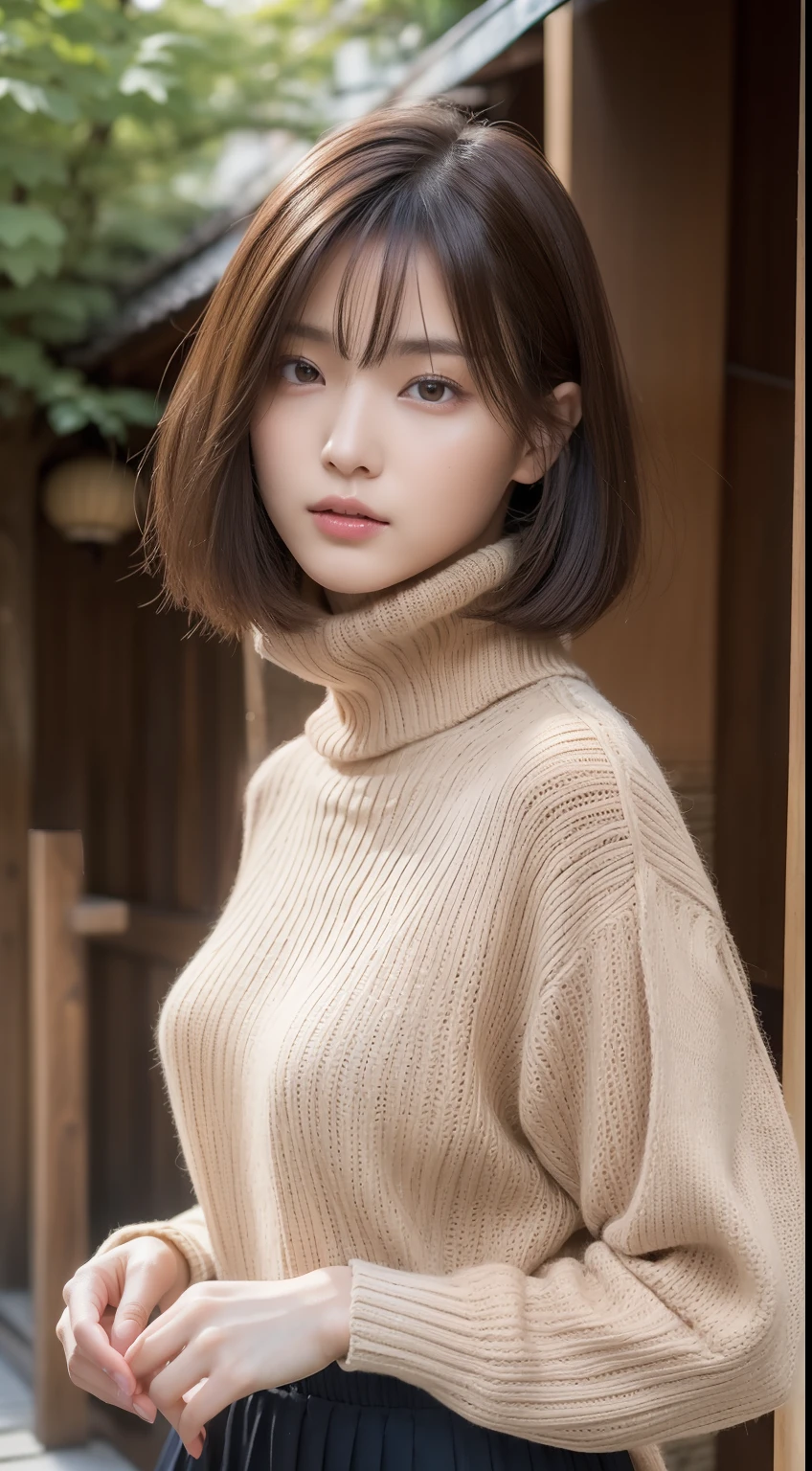 one Korean model, hair model, Unique hair details, , turtleneck sweater, double eyelid, plump lips, short curly hair, trapped in a crystal cage