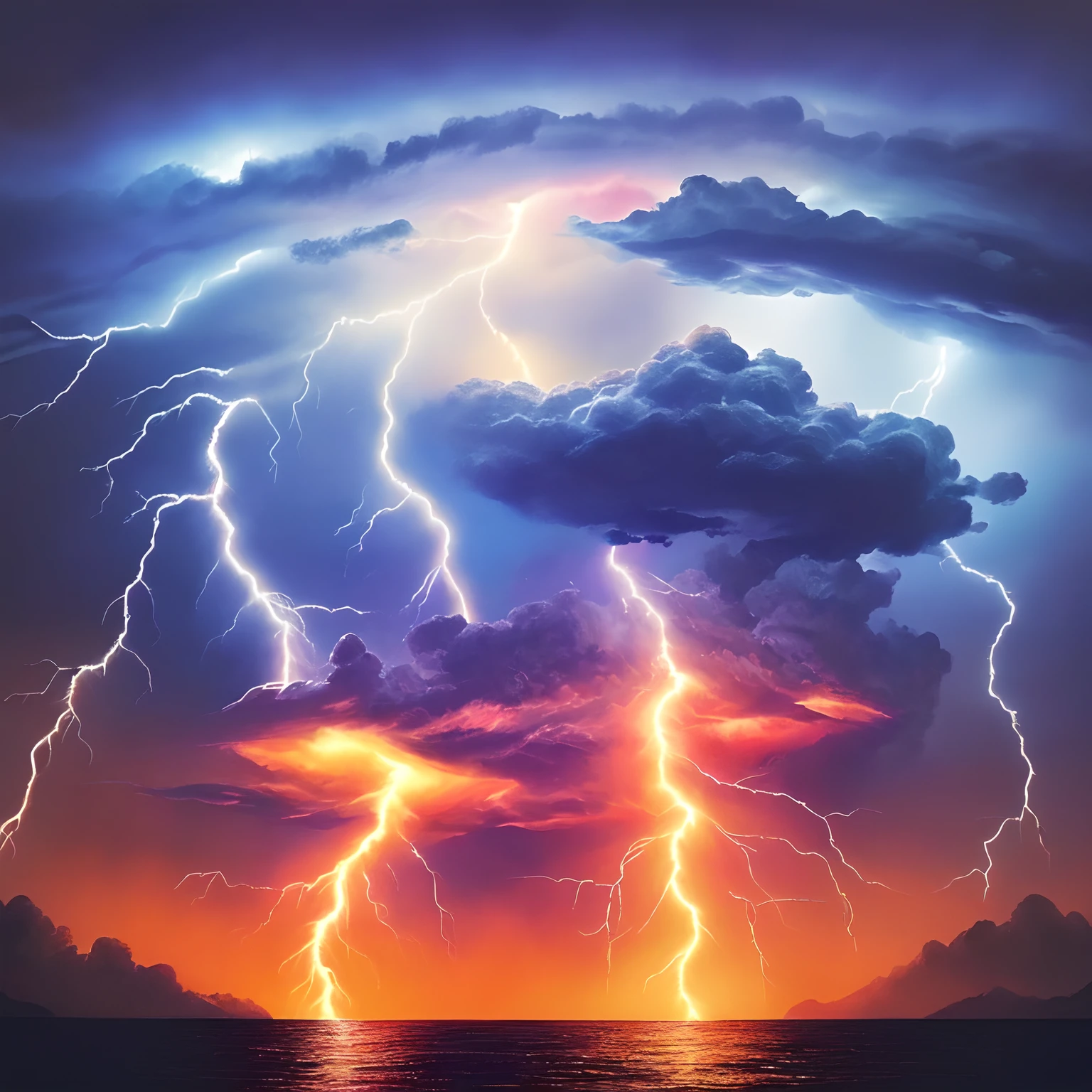 a heart shaped cloud with lightning in the sky over water, ❤🔥🍄🌪, vibrant and powerful, heart effects, lightning creating life, love is begin of all, she is attracting lightnings, beatifull lightning, magic heart, with lightning bolts, ((((lightning)))), emanating and flowing energy, background is heavenly, ✏️🎨
