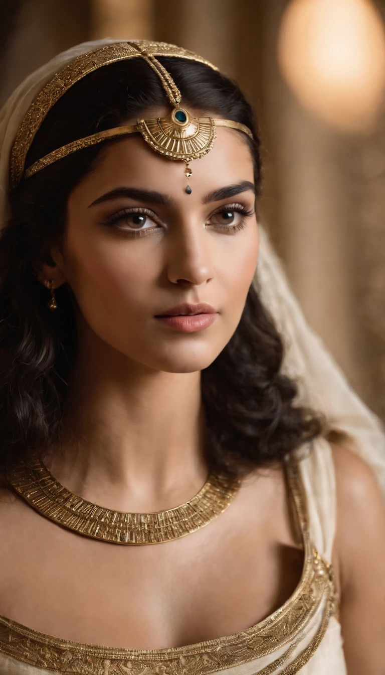 Create an image of Cleopatra as a young princess of Ancient Egypt,atraente e bela, destacando sua beleza e origens reais