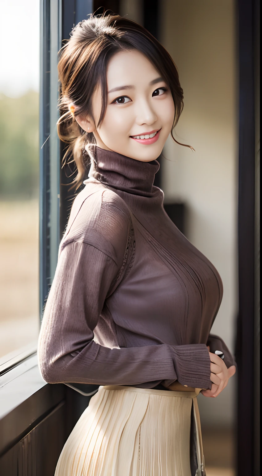 (1girl in:1.4),Natural smile, Cowboy Shot, Anatomically correct, Textured skin, Super Detail, Best Quality, masutepiece,gakki,Detail Beautiful delicate face、Detail Beautiful delicate eyes、depth of fields、Ray traching,a beauty girl,Model for women's fashion magazine,(Casual Fashion, elegant fabric, Turtleneck knitwear,skirt by the:1.5), Gorgeous, (Random hairstyle:1.2), (Floating hair:1.2), (Dynamic Pose:1.2), Soft lighting, Wind, makeup,(Natural smile:1.2),cowboy shot