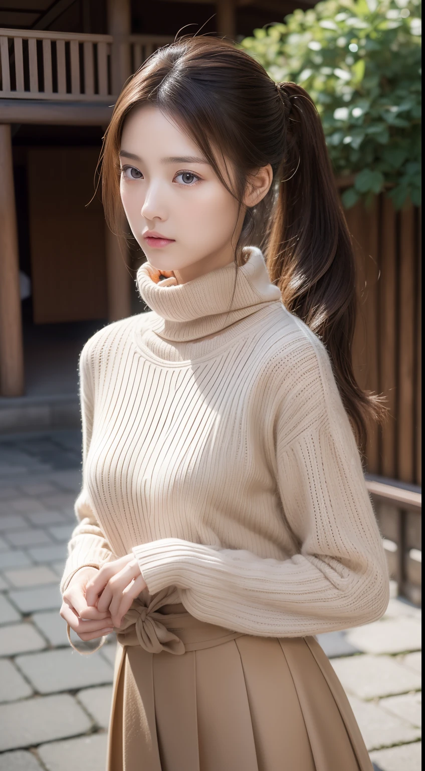 (Raw photography:1.2)、(Photorealsitic:1.4)、(masterpiece:1.3)、(top-quality:1.4)、超A high resolution、(A detailed eye)、(detailed facial features)、(detailed clothes features)、8K分辨率、solofocus、bangss、Double eyelids、Beautiful lips、toned legs、(Slender girl)、(a japanese girl)、(Japan Faces)、((One knot ponytail:1.2))、1 girl in、Slim Beauty:1.3、brown haired、Delicate hair、Streets of Kyoto、Kiyomizu-dera Temple、Detailed street fashion、Knitted with a loose turtleneck、flered skirt、Looking at the camera