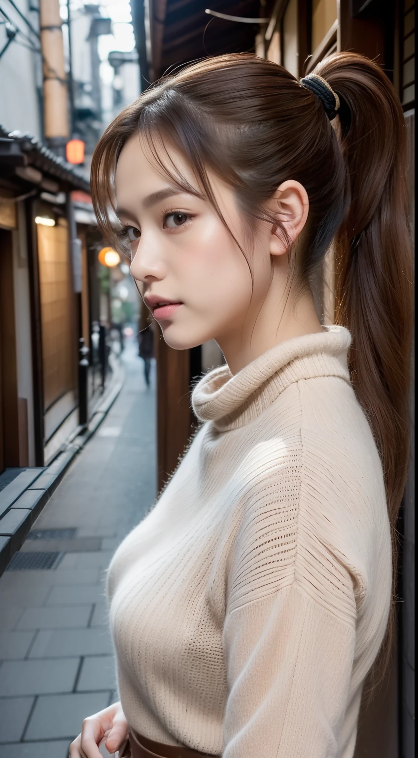 (Raw photography:1.2)、(Photorealsitic:1.4)、(masterpiece:1.3)、(top-quality:1.4)、超A high resolution、(A detailed eye)、(detailed facial features)、(detailed clothes features)、8K分辨率、solofocus、bangss、Double eyelids、Beautiful lips、toned legs、(Slender girl)、(a japanese girl)、(Japan Faces)、((One-knot ponytail:1.2))、1 girl in、Slim Beauty:1.3、brown haired、Delicate hair、Streets of Kyoto、Kiyomizu-dera Temple、Detailed street fashion、Knitted with a loose turtleneck、flered skirt、Looking at the camera