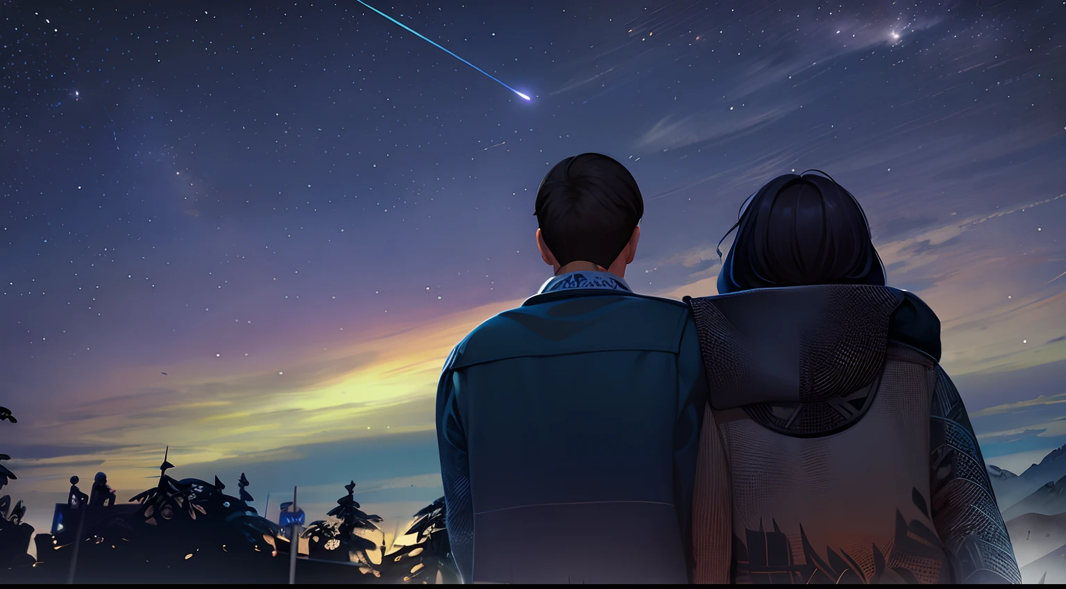 There's two people standing together looking up at the sky, estrela cadente no fundo, durante uma tempestade de meteoros, estrelas ao longe, noite calma. Tiro por cima do ombro, Olhando para as estrelas, Olhando para as estrelas, olhando para longe, Campo estelar no fundo, Sims 4 Captura de tela, Starship no fundo, Estrela cadente, olhando para o horizonte