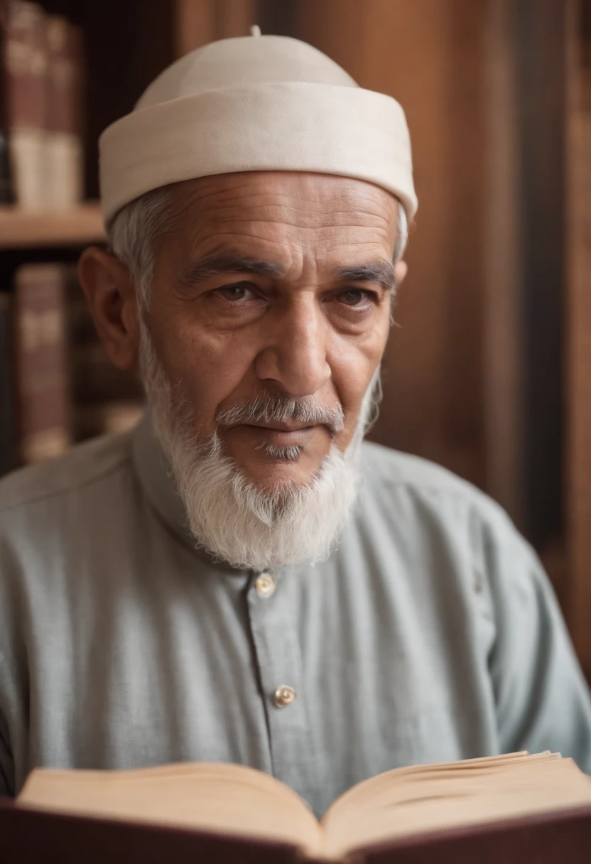 A muslim old man with open eyes looks in the camera with book in hand in a bookroom background
