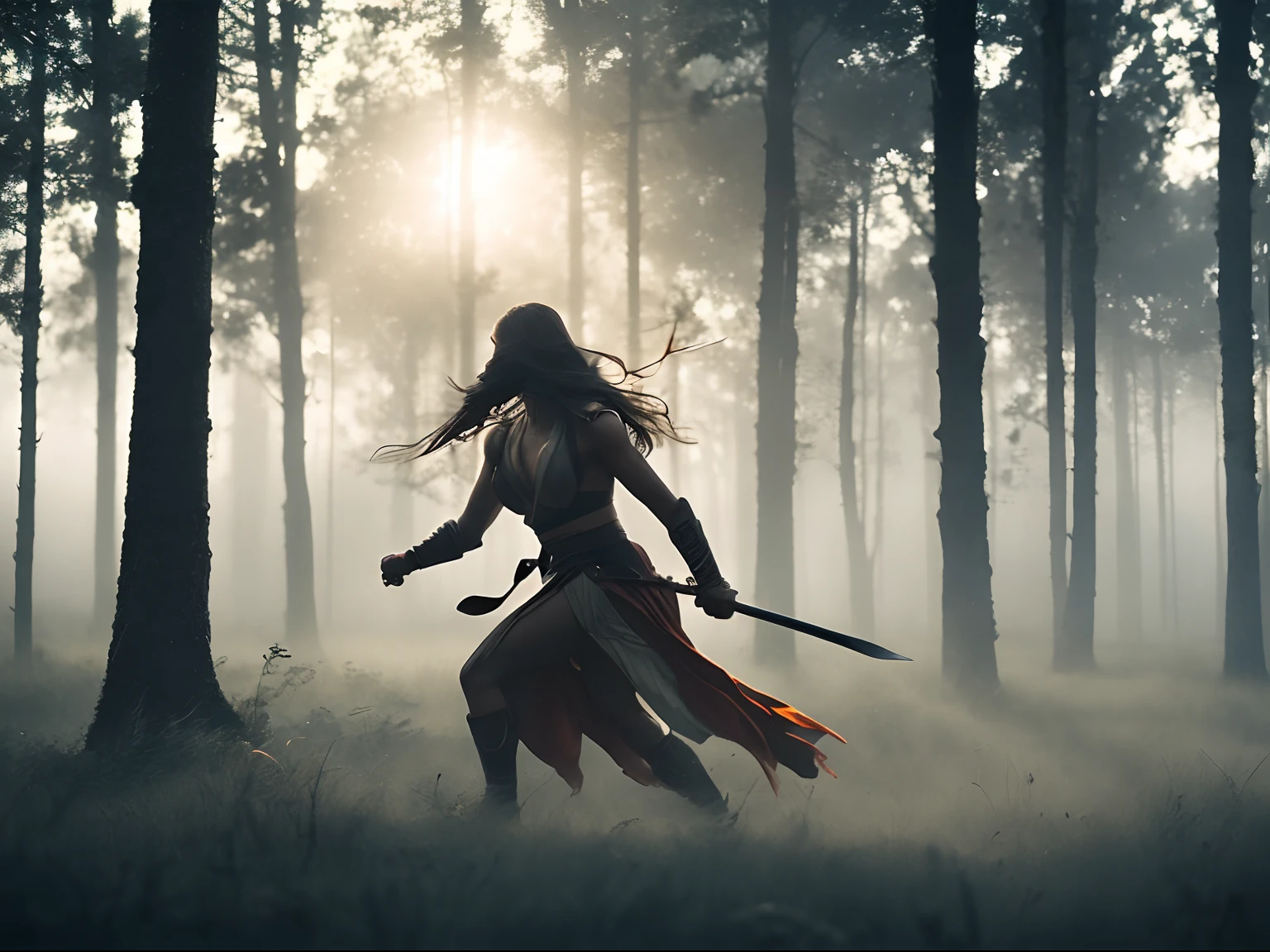 (masterpiece) A dynamic action battle scene of a strong and heavenly beautiful amazon fighting in the heart of a foggy forest at sunrise, intense, dramatic epic pose, palpable ethereal ambience, atmospheric depth, stark contrasts, moody undertones, photorealistic, film grain, cinematic shot with hasselblad, cyclorama effect