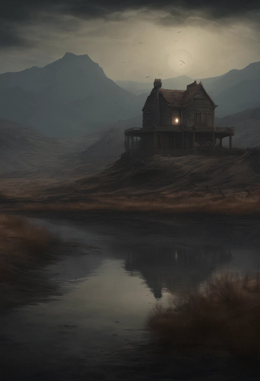 Pintura de una casa de campo, flores al lado de la valla, valla a lo largo de la carretera, Mountainous landscape with a lake and a boat, illustration matte painting, inspirado por Thomas Kinkade, Symmetrical Matte Paint, Paisaje detallado , Estilo RAW, 8 K ultra detallado, environment design illustration, scenery art detailed, Vista al mar, Concepto-Arte, Arte digital 4K altamente detallado, Pintura digital 4K, Pintura digital 4K, Awesome Digital Illustration, desert background, Arte conceptual de pintura digital, Pintura digital detallada