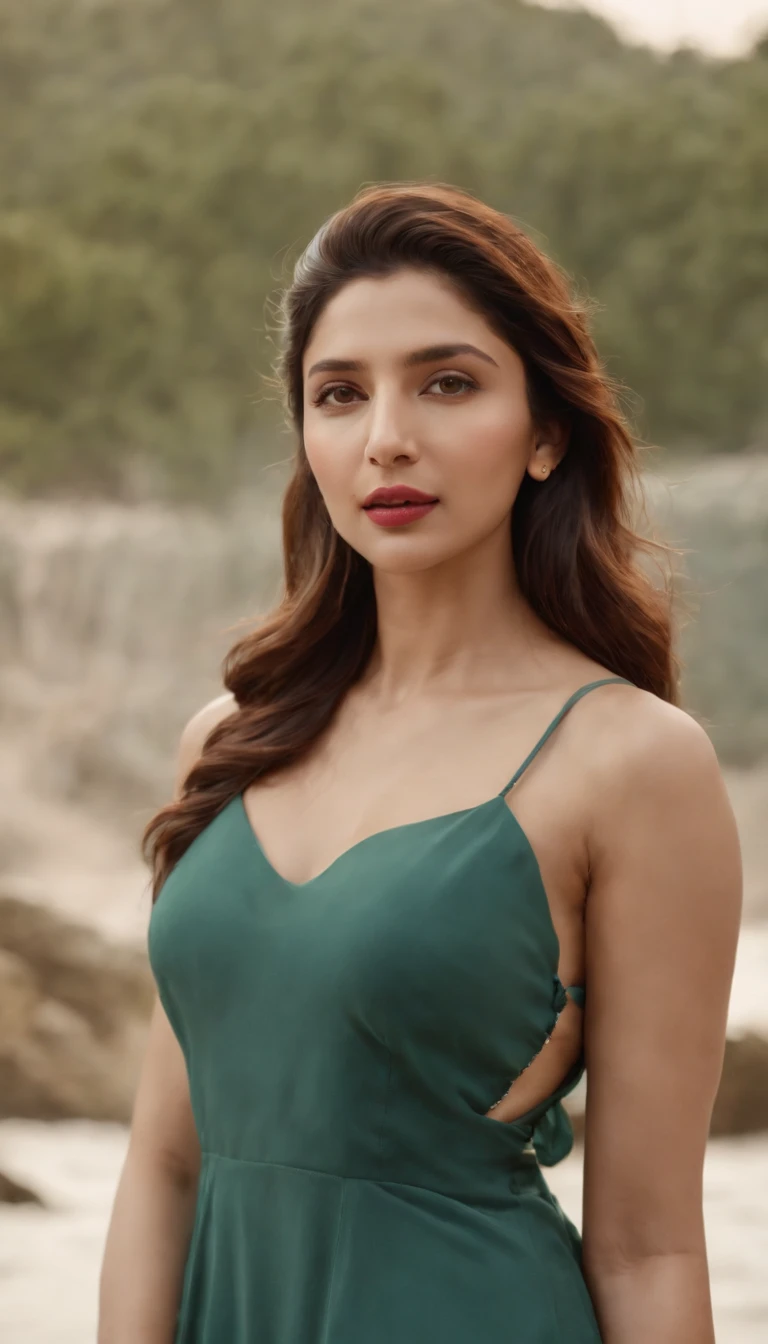 Create an image of pakistani actress Mahira Khan in a modern look wearing swimming dress