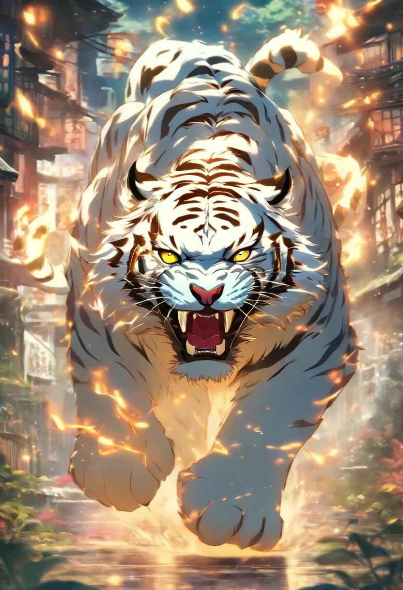 The Western White Tigern, in the style of atmospheric color washes, unique yokai illustrations, aggressive digital illustration, Lightpainting, Glamor Shot, HD, AR