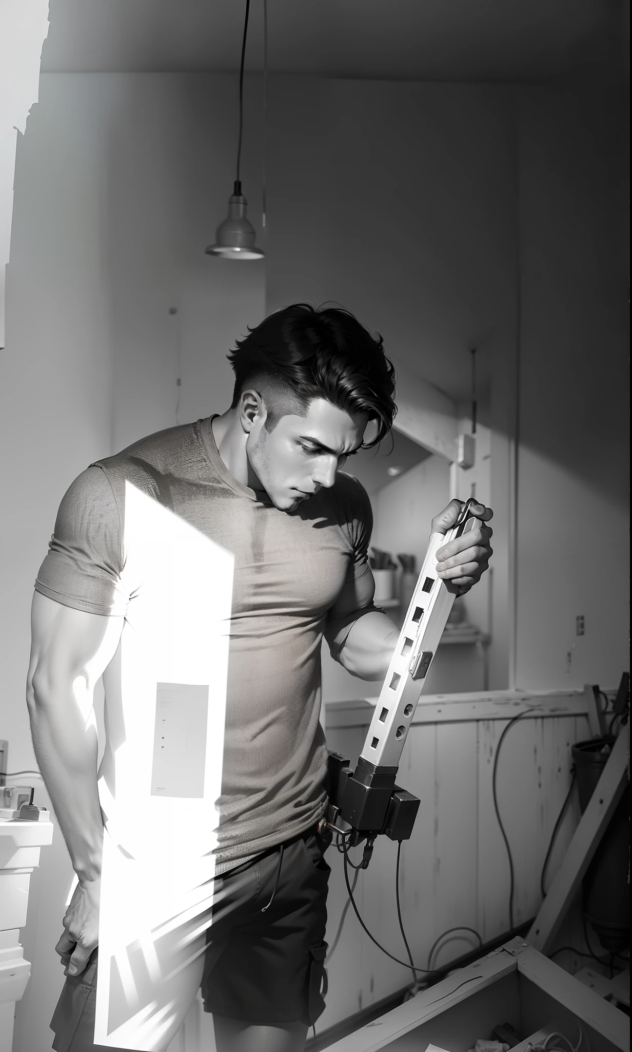 Generate an image that shows a professional electrician repairing a hanging lamp. Make sure the scene highlights the process of replacing the burned bulb with a new one, with a focus on safety and proper installation steps."