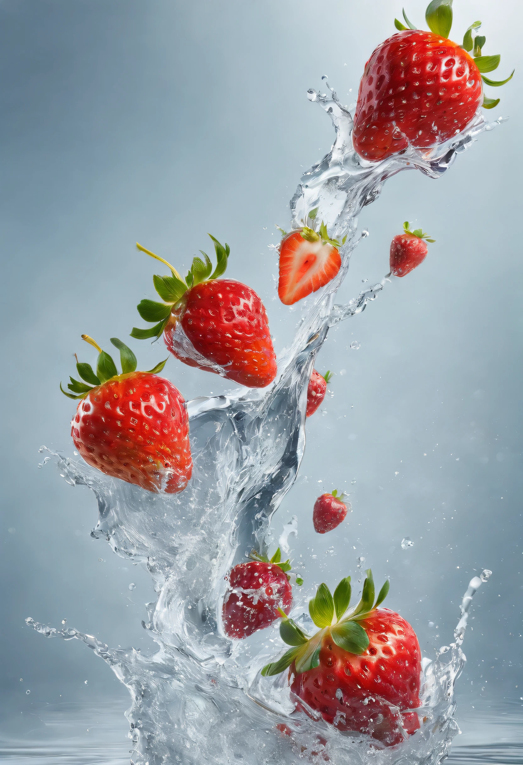 cinematic RAW photo，foto ultra real，Ultra foto realsisim，Digital SLR，soft lighting，Product photo of 5 strawberries falling into the water、Drippy、Splash clear liquid、water bloom，dynamic compositions，(master part) (best quality) (circunstanciado) (Cinematic lighting) (foco nítido) (intrincado), master part, best quality, ultrahigh-resolution, 8K UHD