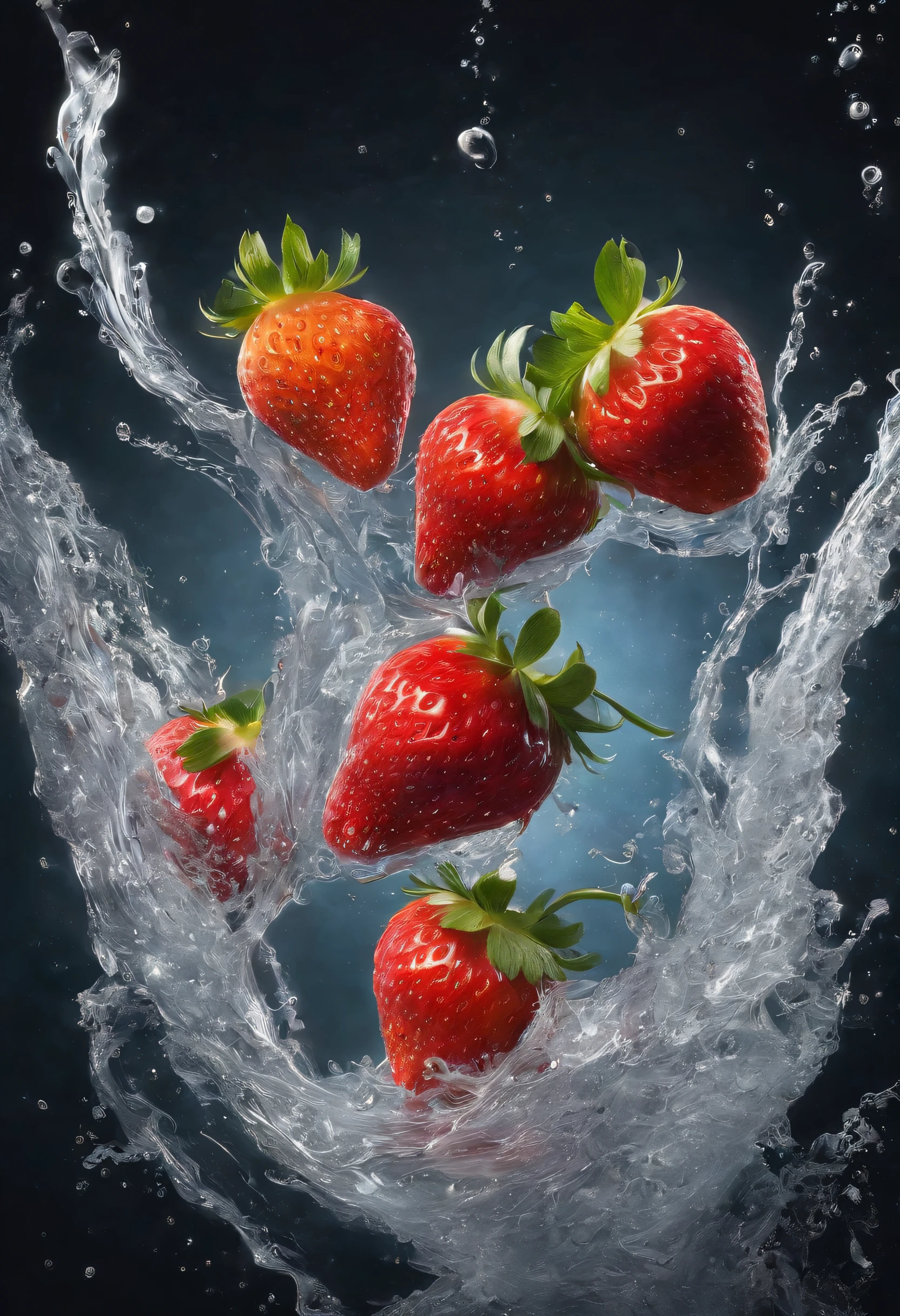 cinematic RAW photo，foto ultra real，Ultra foto realsisim，Digital SLR，soft lighting，Product photo of 5 strawberries falling into the water、Drippy、Splash clear liquid、water bloom，dynamic compositions，(master part) (best quality) (circunstanciado) (Cinematic lighting) (foco nítido) (intrincado), master part, best quality, ultrahigh-resolution, 8K UHD
