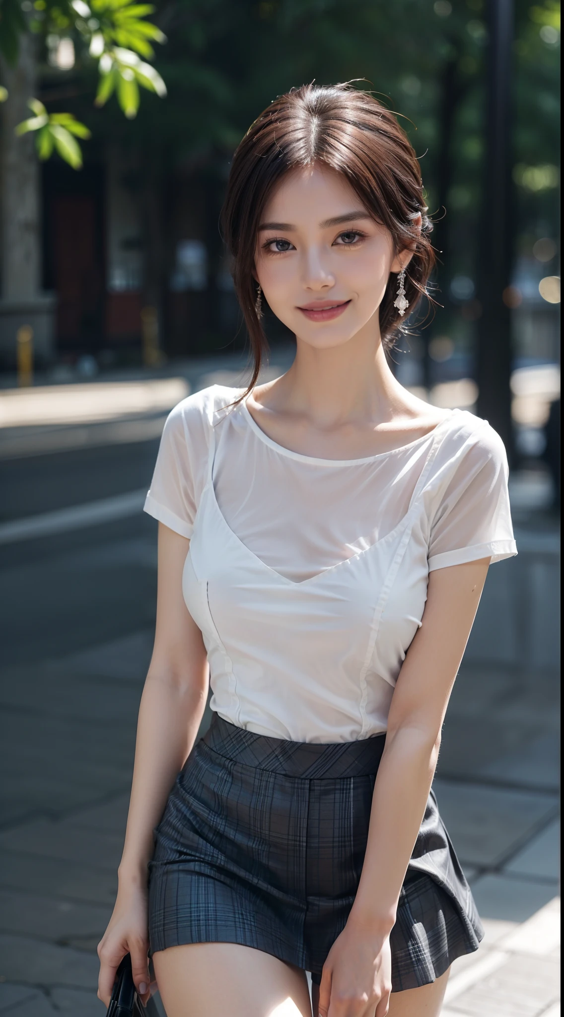 (Very cute 23 year old young woman from Japan),  ((Brown delicate hair)), ((Short-cut hair in a ponytail)), (((Clean hands)))，(Curly hair)，(((Very sweet smile))), (((Wearing panties)))，(((The upper body is wearing a blouse)))，(((Lower body miniskirt))), (((businesswoman))) ((of the highest quality, 16 K, masutepiece: 1.3)), Light on Face, hyperdetailed face, very detailed lips, Detailed eyes, City Street