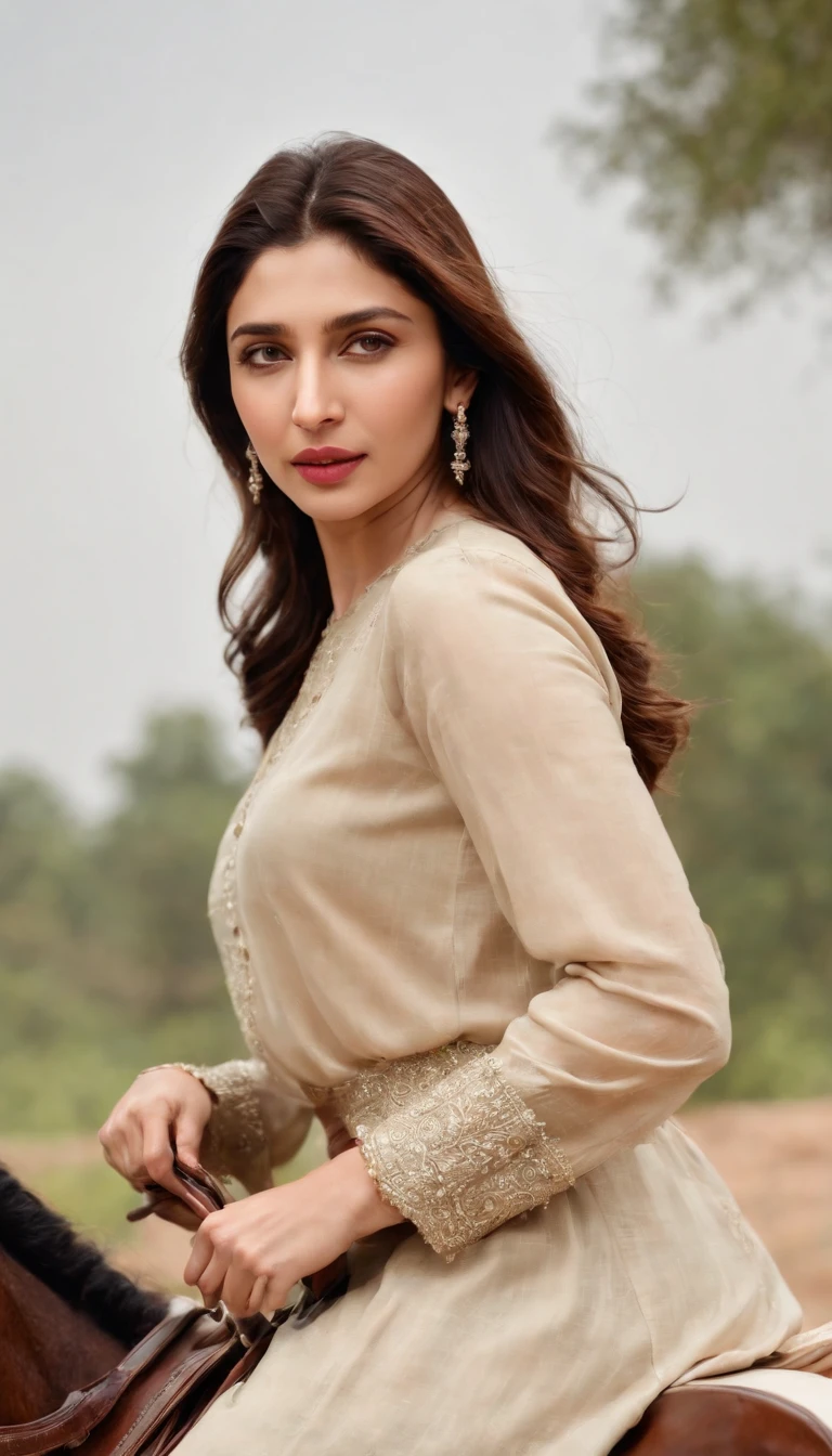 Create an image of pakistani actress Mahira Khan in a modern look doing horse riding