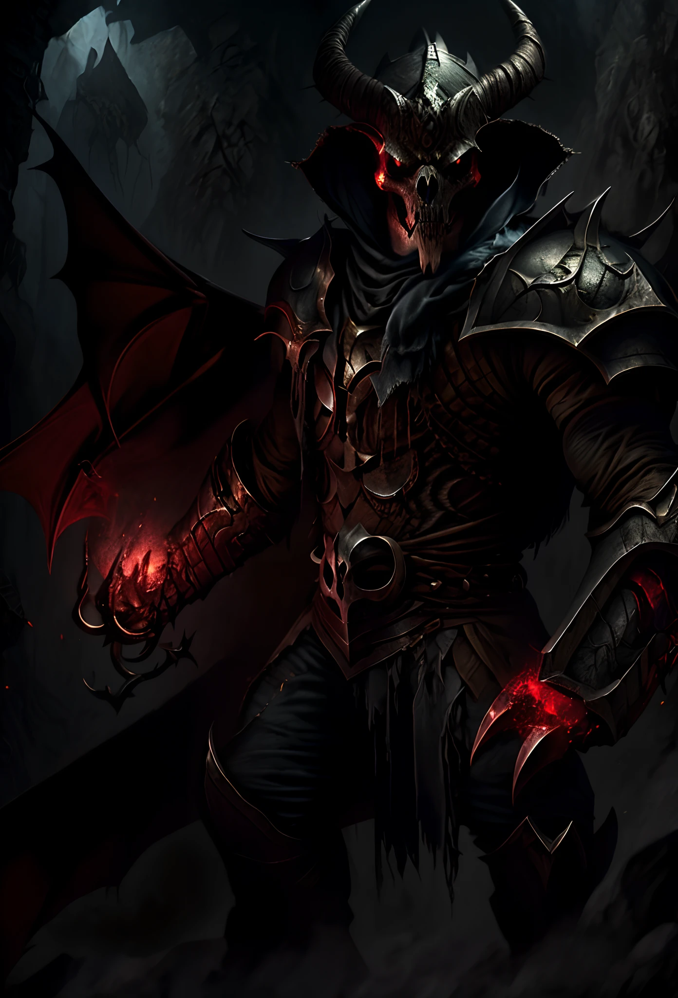 Red undead Dragonborn Lich with dragon skull head wearing armor with black gauntlet on left hand