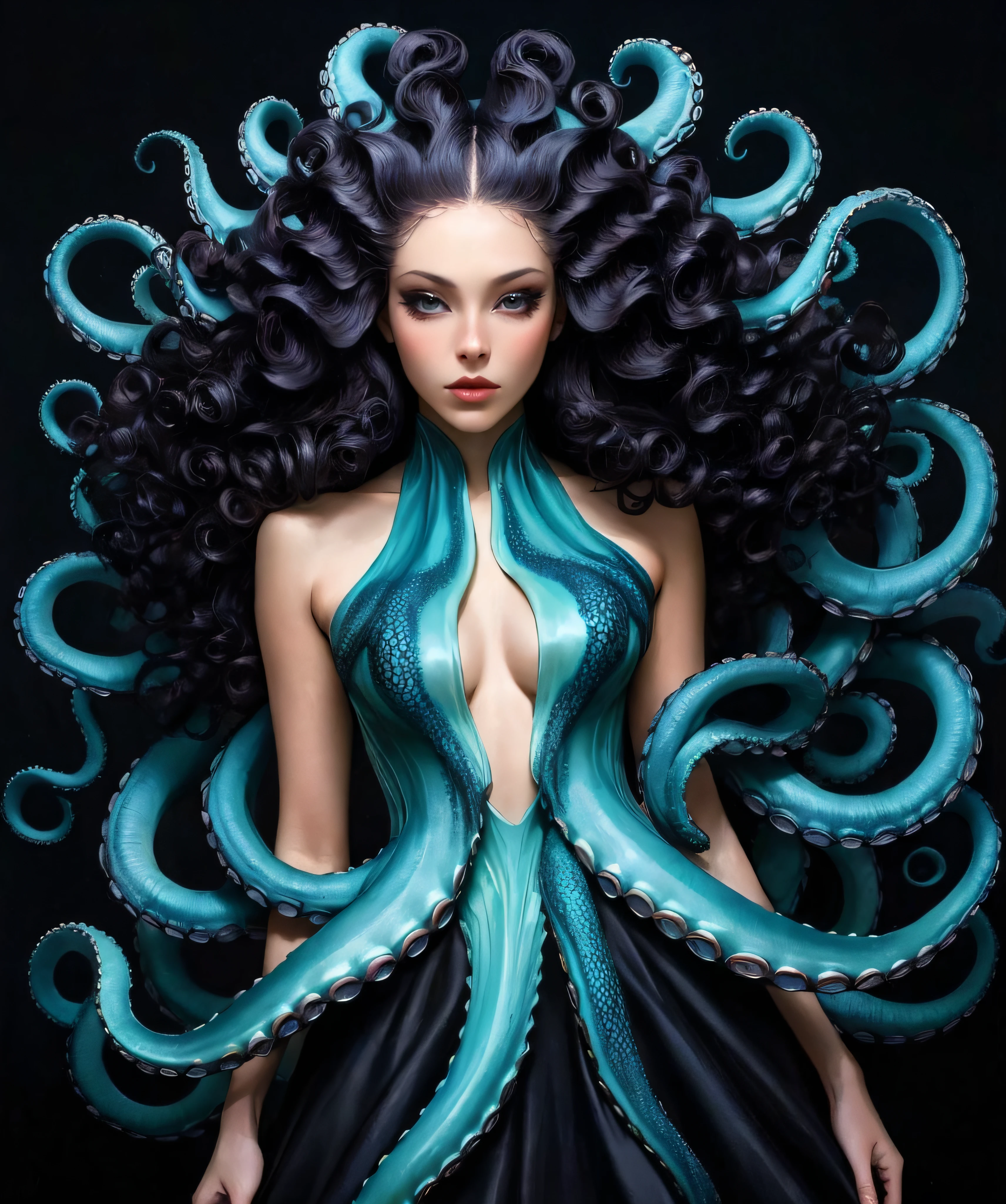 Watercolor painting (Ultrarealistic:1.3) a woman with octopus tentacles on her back, beautiful octopus woman, portrait of an octopus goddess, cyberpunk medusa, hot reptile humanoid woman, some tentacles are touching her, young woman as medusa, dark portrait of medusa, wrapped in black tentacles, iris van herpen rankin, torquoise fantasy fanged medusa, beautiful female gorgon, octopus goddess with a woman with long hair standing in front of a black background, long flowing medusa hair, dark portrait of medusa, long swirly dark hair, swirling black hair, swirly dark hair, long wild black curly hair, her black hair is a long curly, female medusa long hair, elaborate long black hairstyle, long flowing black hair, young woman as medusa . Vibrant, beautiful, painterly, detailed, textural, artistic