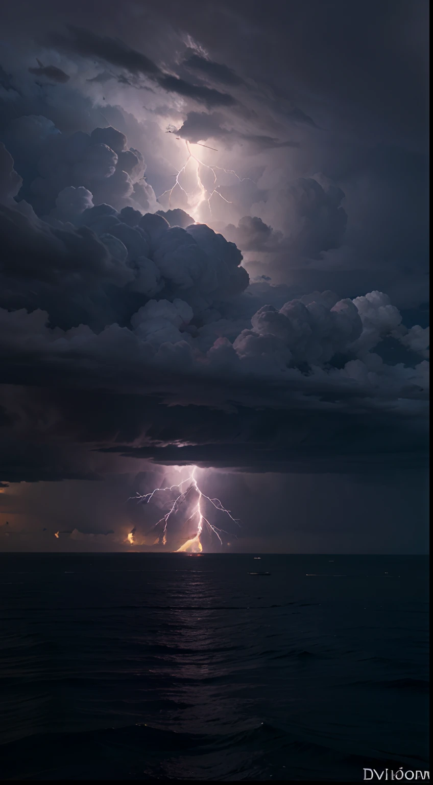 A heart shaped purple storm cloud, storm cloud shape of heart with multi purole colors, lightnings around the cloud, cloud over the sea, high detail in the style of David Carson