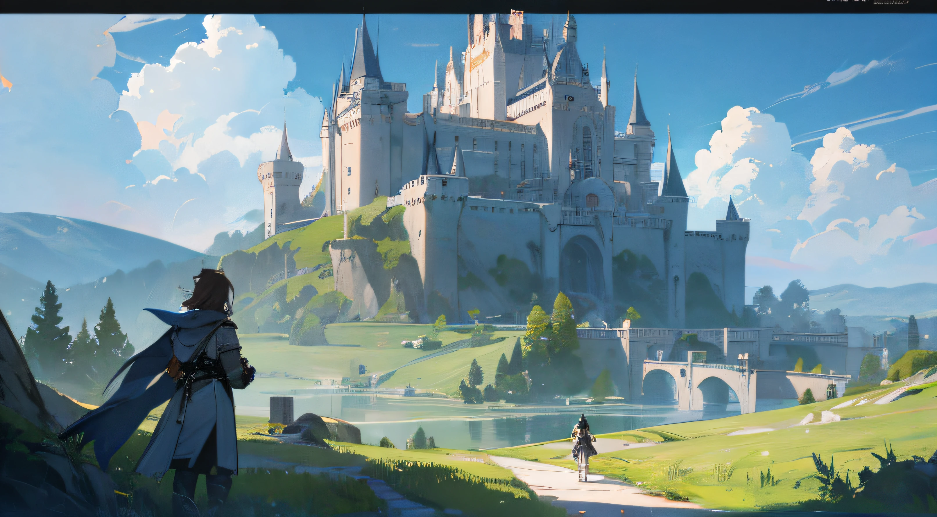 Mountainous expanses with a knight's castle in the distance, Large statues at the entrance, swords, magic, lake, Giant Clouds, White marble, rays of sunshine, ambient, Wide spaciousness, Hills, Digital Art, landscape, Fantasy art, illustartion, trending artstation, Digital Art, epic lighting, Genshin Impact, Call of Antia, Casual style, the rule of thirds
