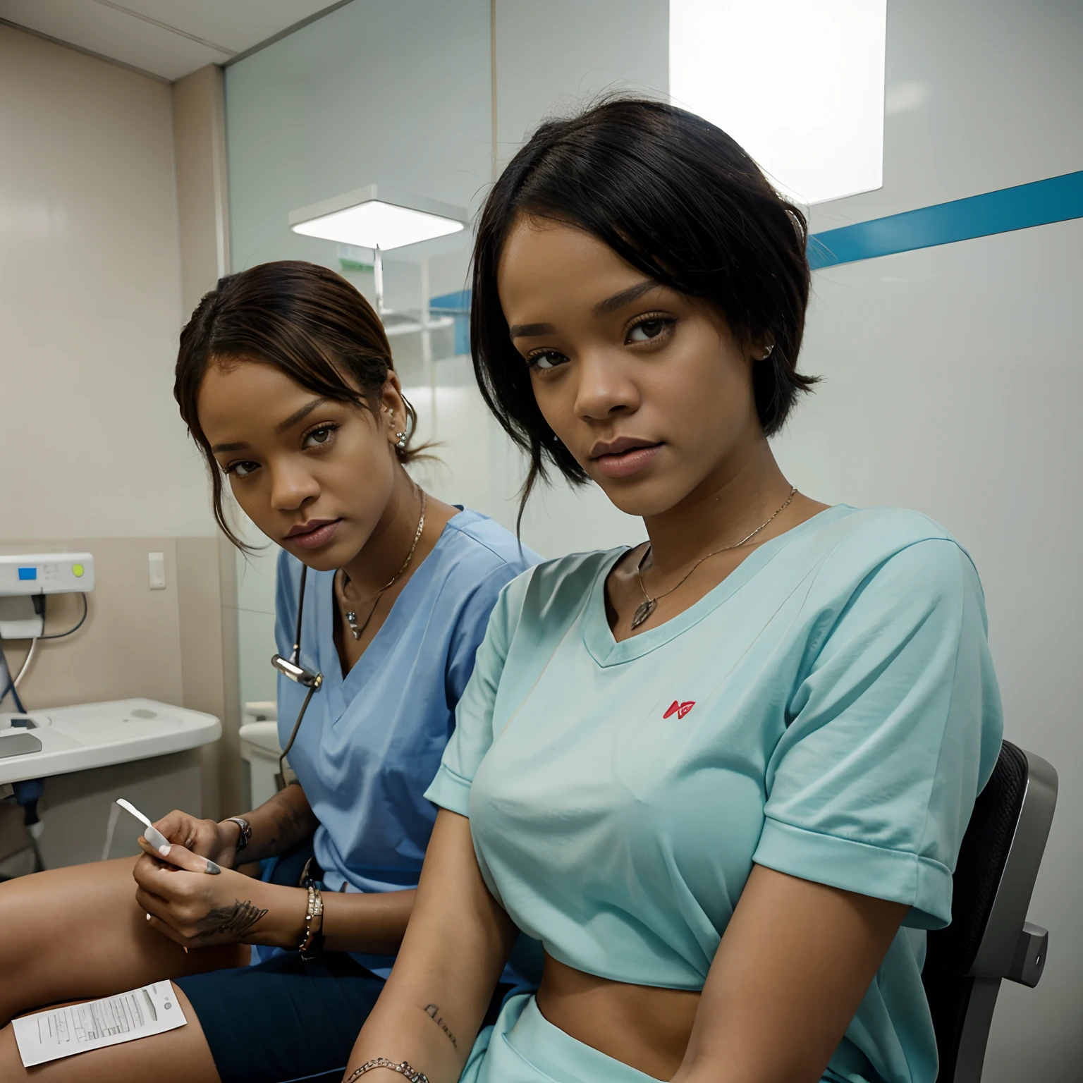 Rihanna avec Rihanna(humanoide)in a hospital room