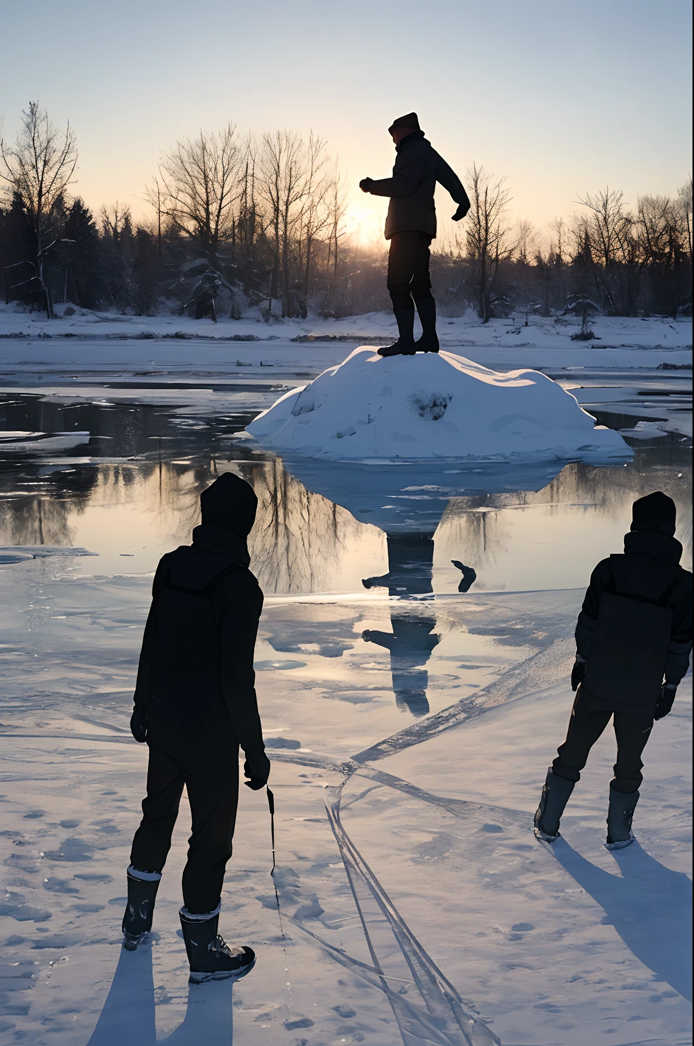 Silhouettes of curious spectators gathered on the frozen banks, observing a naked man preparing for his chilling dive.