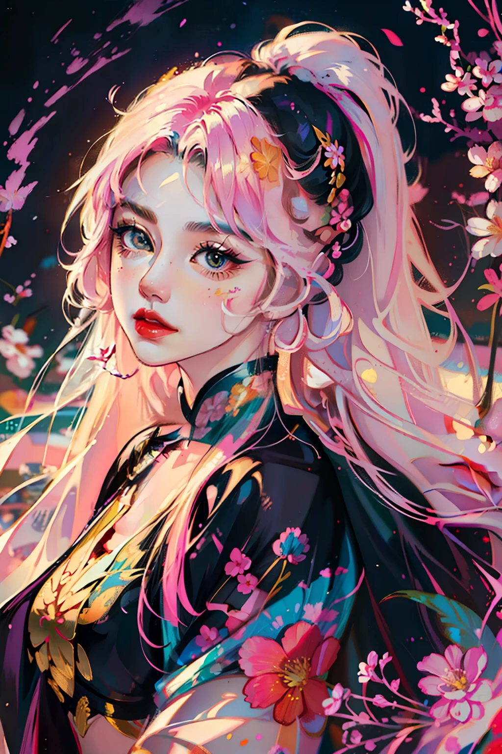 Create digital artwork in the Pop Art style, Featuring a vibrant and confident young Asian girl，street fashion, Movie color scheme, Surrounded by vintage flower motifs, Vibrant brushstrokes,Emotions should be dynamic, Upper body, Drawing, illustration, escala cinza, tropical, Many flowers,
