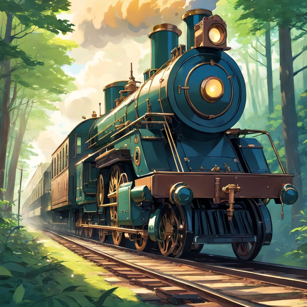 Steampunk Wanderer: Illustrate the man as a steampunk traveller, wearing black military coat. mechanized landscape with steam-powered. steam powered train, armoured train, apocalypse train, military train forest