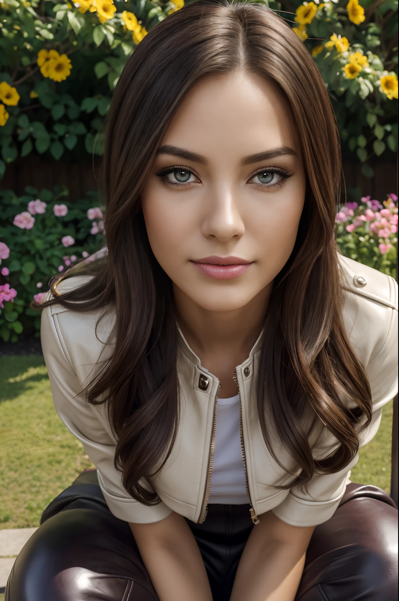 (best quality,highres,realistic:1.37),portrait,close-up, beautiful detailed eyes,beautiful detailed lips,longeyelashes,fashionable,top,garden,bright sunlight,colorful flowers,soft and warm lighting,harmonic color palette. wearing leather jacket, wearing leather boots, beautiful, detailed face, detailed, highres, realistic, photorealistic, full body, head to toe, legs, matte skin, pores, wrinkles,