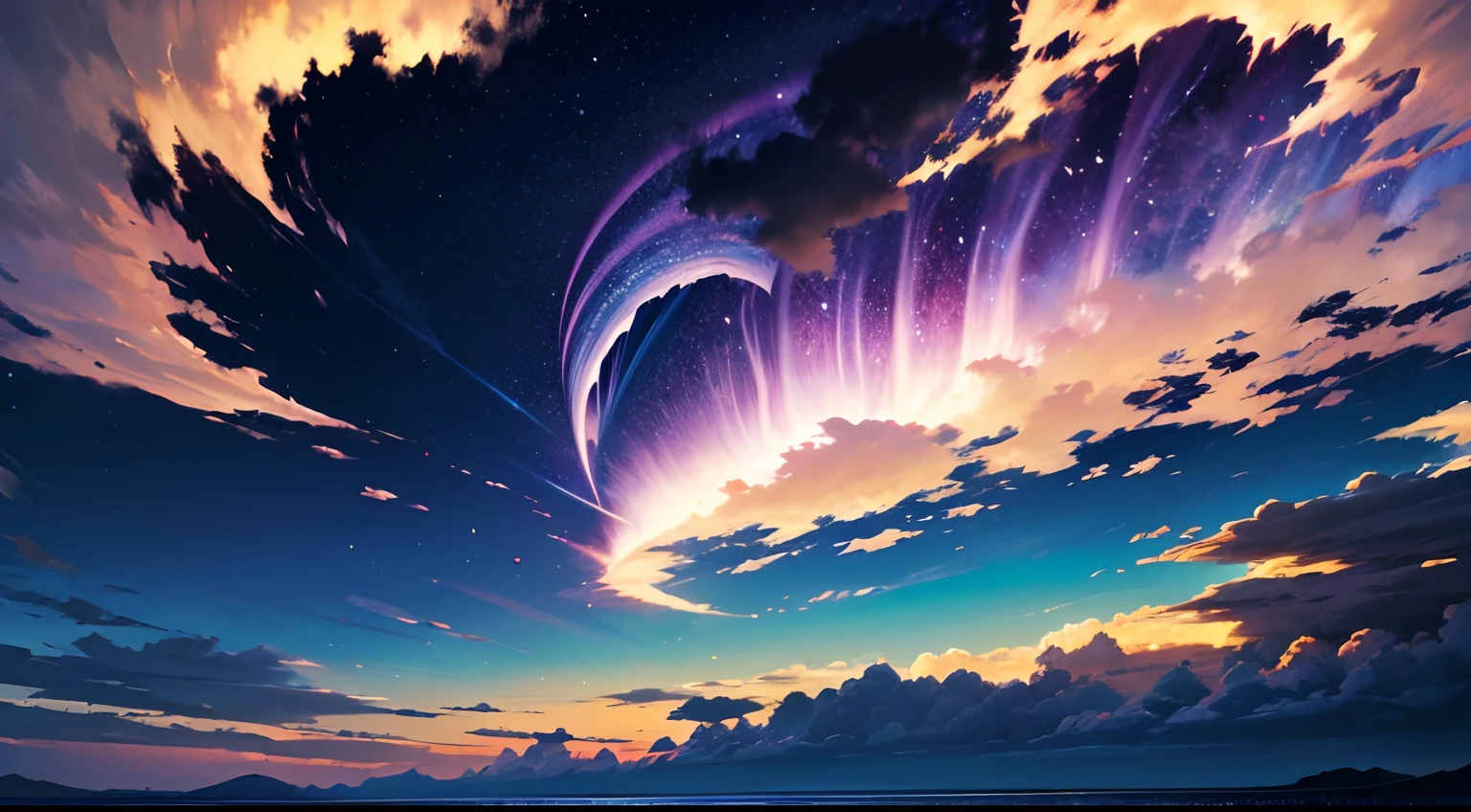 A heart shaped purple storm cloud, storm cloud shape of heart with multi purole colors, lightnings around the cloud, cloud over the sea, high detail in the style of David Carson