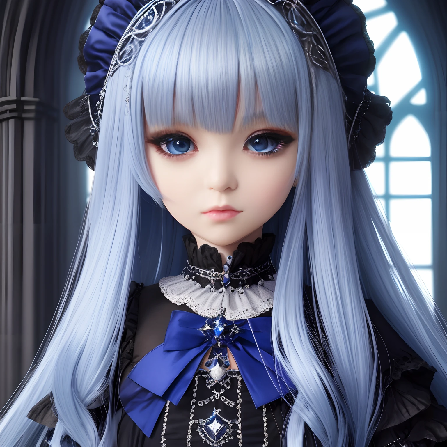 doll　Beautie　Little bump　boredom　Ultra-realistic　8k Silver Hair　Blue Gothic　Mystical　Fantastical　top-quality　​masterpiece　Ephemeral Super Dollfie Midi　sdf_f_75