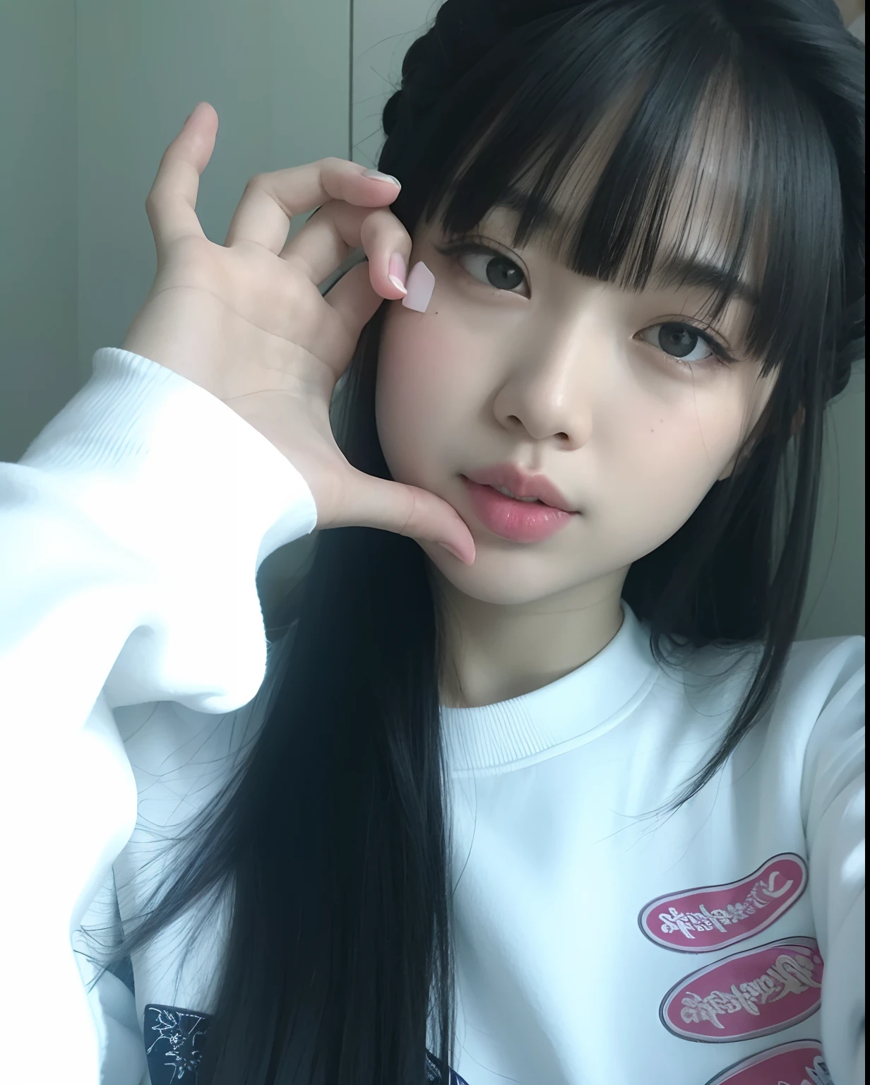 ollarbone,pastel colors t-shirt,off-shoulder look,bare shoulder,midriff peek,string panties,open mouth,(tongue out:2),Kneeling,Selfie,(looking ahead:1.5),(from above:1.5),flont view,cowboy shot,(1girl,Beautiful 14 year old girl),((Slender,Small breasts,Small face,)),(looking at viewer),Black Hair,bangs,straight,Beautiful and detailed,Mischievous smile,(Dimly lit room:1.5),Simple Background,Black background,Low lighting