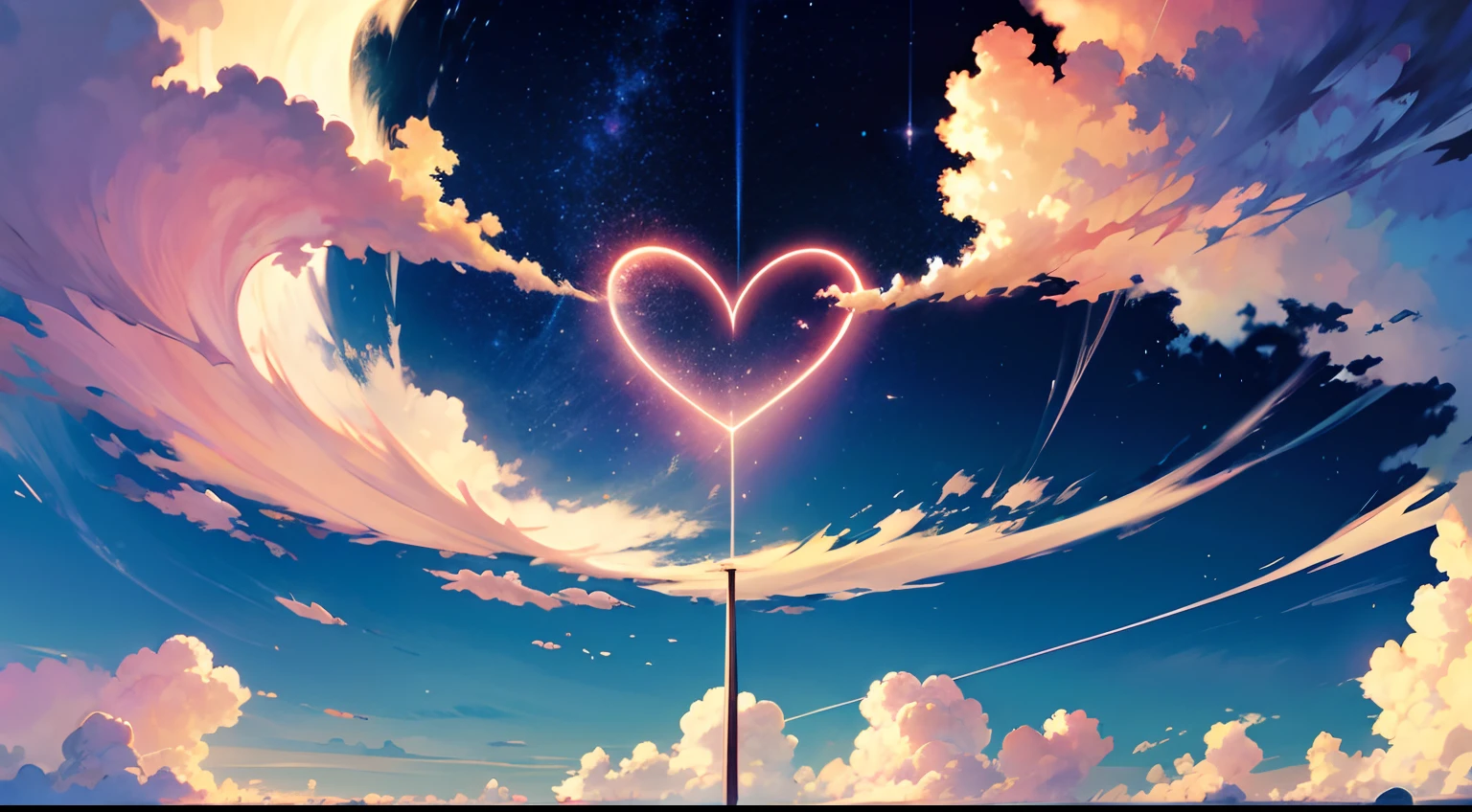 A heart shaped purple storm cloud, storm cloud shape of heart with multi purole colors, lightnings around the cloud, cloud over the sea, high detail in the style of David Carson