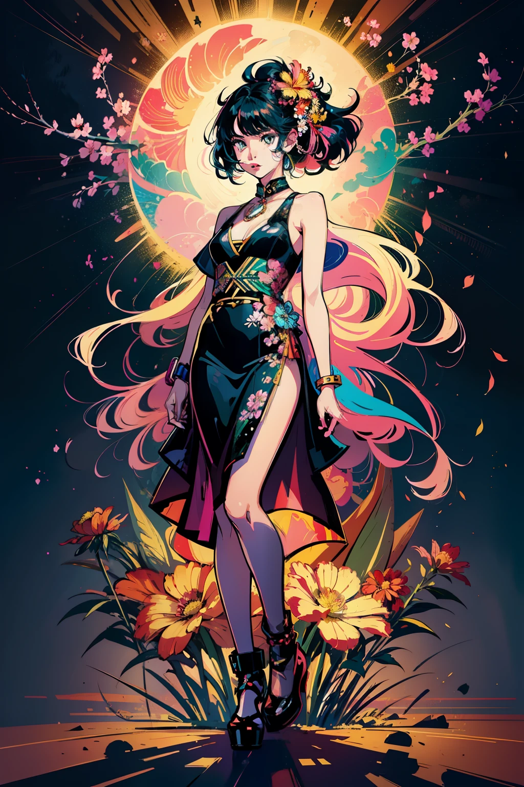 Create digital artwork in the Pop Art style, Featuring a vibrant and confident young Asian girl,street fashion, Movie color scheme, Surrounded by vintage flower motifs, Vibrant brushstrokes,Emotions should be dynamic, full body, long legs, Drawing, illustration, escala cinza, tropical, Many flowers,