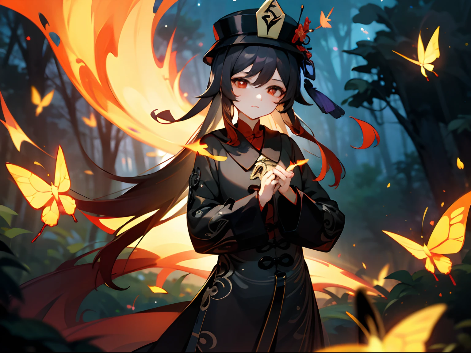 Hu Tao in a nighttime forest setting, surrounded by fire butterflies. The camera should be close to her face, allowing for a more intimate perspective. Hu Tao should be depicted in her characteristic attire, wearing her vibrant blck robe and hat. Her red eyes should stand out, and her facial expression should reflect a sense of wonder and connection with the natural world.
The forest should be filled with tall, ancient trees, and the night sky above should be clear, filled with stars, casting a gentle glow on the scene. The camera's proximity to her face should emphasize the enchanting atmosphere.
Hu Tao's attire should include her dark and intricate black robe, which embodies the traditional style of the character from Genshin Impact. The robe should be adorned with ornate patterns and textures to add depth to the image.
The forest should come alive with the presence of fire butterflies, emitting a soft, ethereal light. They should be swirling around Hu Tao, creating a magical and enchanting atmosphere.
To enhance the graphic quality, please pay attention to details such as lighting, shadows, and the luminescent effects of the fire butterflies. Ensure that the colors are vibrant and the scene captures the unique and enchanting nature of Genshin Impact's art style