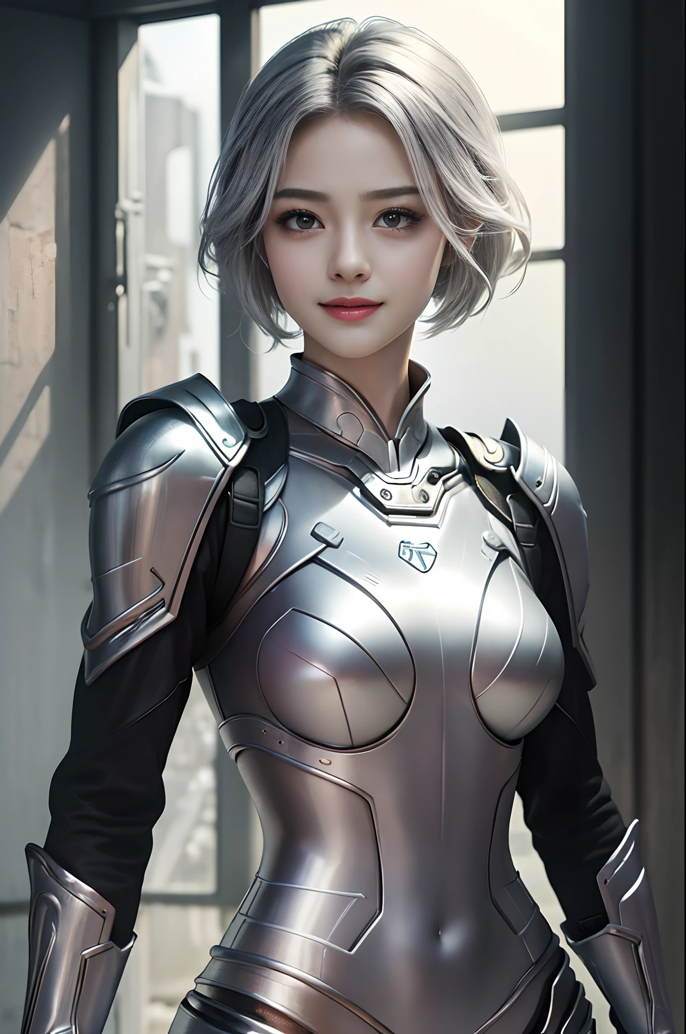 (8k、Photorealsitic、RAW Photography、top-quality:1.4)、(1girl in)、Super Beautiful Girl Warrior、(lifelike face)、(boyish、Silver Color Berry Shorthair)、Beautiful rider suit、Glare that captivates viewers、beautiful expression、beutiful breast、(real looking skin)、beautiful smiling face、(soldier)、enticing、超A high resolution、A hyper-realistic、hight resolution、spoiled