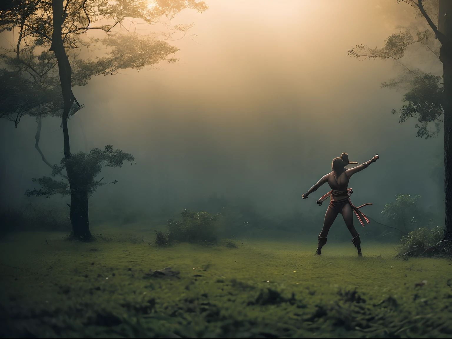 (masterpiece) A dynamic action battle scene of a strong and heavenly beautiful amazon fighting in the heart of a foggy forest at sunrise, intense, dramatic epic pose, palpable ethereal ambience, atmospheric depth, stark contrasts, moody undertones, photorealistic, film grain, cinematic shot with hasselblad, cyclorama effect