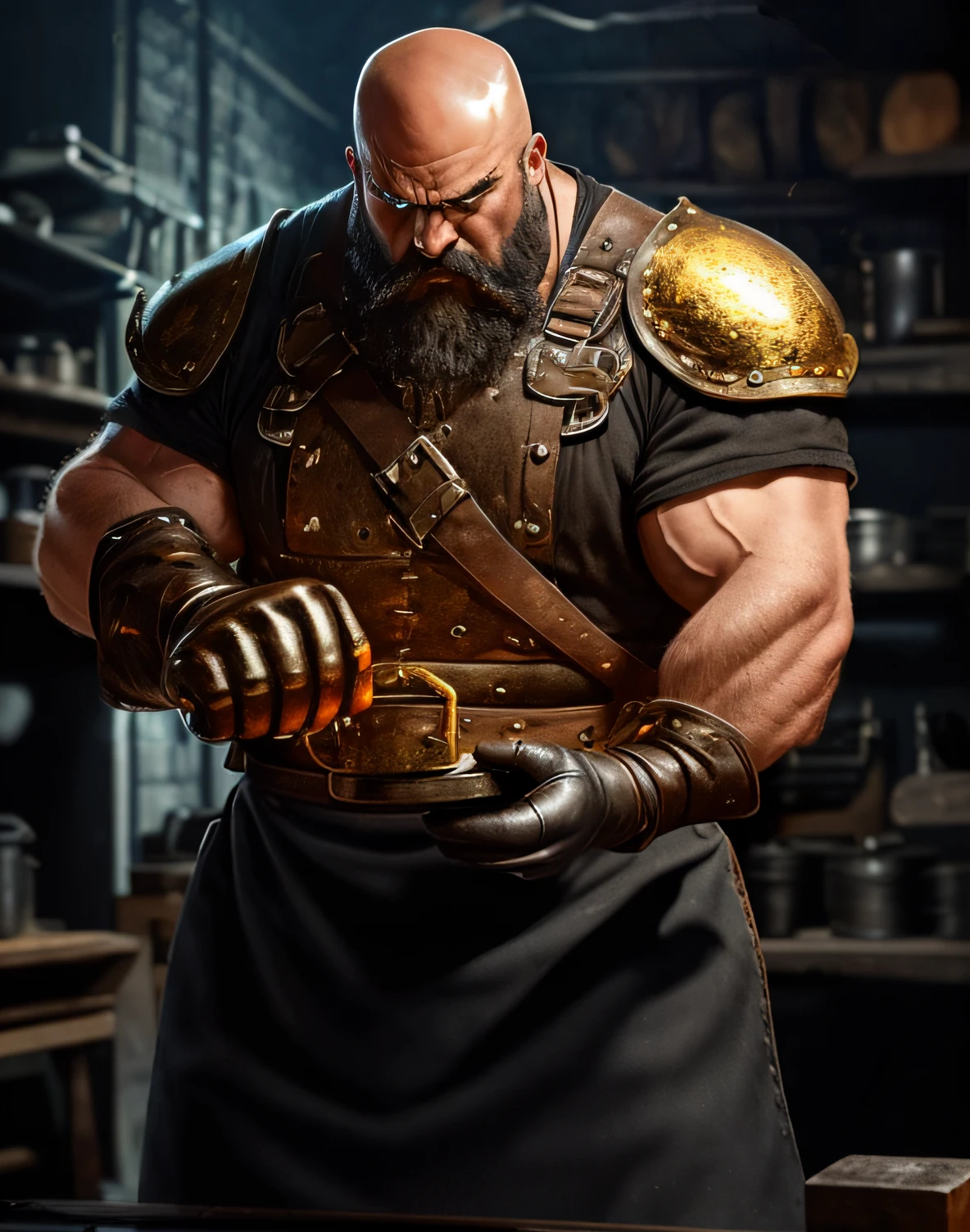 [best quality, 4k, highres, realistic:1.37], a skilled Ferreiro working,[brightly lit, well-lit], forging a masterpiece out of glowing hot metal,[precision and precision details], sparks flying in all directions,[strong muscular arms, dexterity], thick leather apron and gloves protecting from the intense heat,[intense focus and concentration], traditional blacksmith tools and an anvil at the center of the workshop, [warm ambient glow, warm color tones], an atmosphere of creativity and craftsmanship,[fine artistic details, texture and shading], showcasing the beauty of traditional craftsmanship and the art of metalworking.