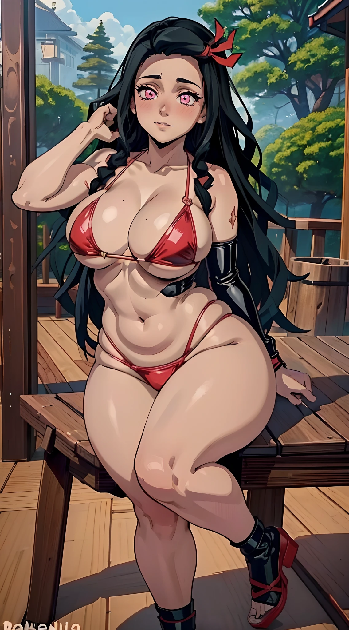 (melhor qualidade:1.3), (qualidade 4K), Nezuko Kamado por demon slayer, ((Rosto detalhado)), ((body curvy)), (peitos grandes), clivagem, sexy, ((bikini latex neckline)), ((deck))