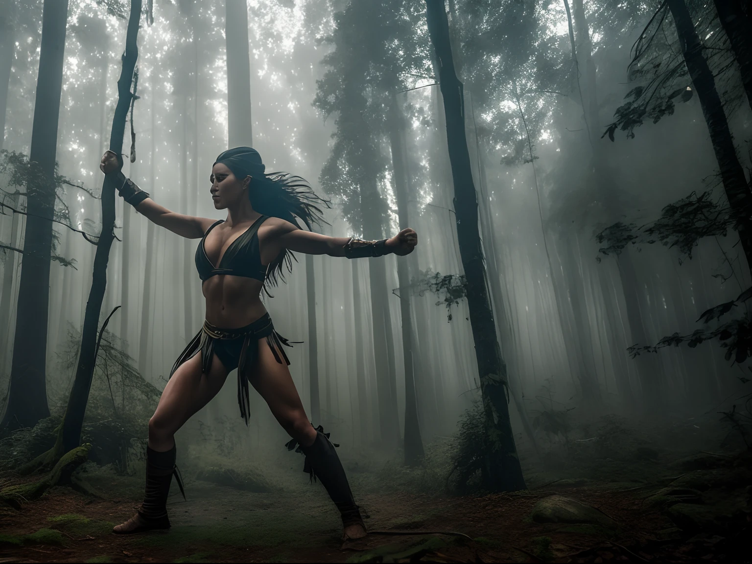 (masterpiece) A dynamic action battle scene of a strong and heavenly beautiful amazon fighting in the heart of a foggy forest at sunrise, intense, dramatic epic pose, palpable ethereal ambience, atmospheric depth, stark contrasts, moody undertones, photorealistic, film grain, cinematic shot with hasselblad, cyclorama effect
