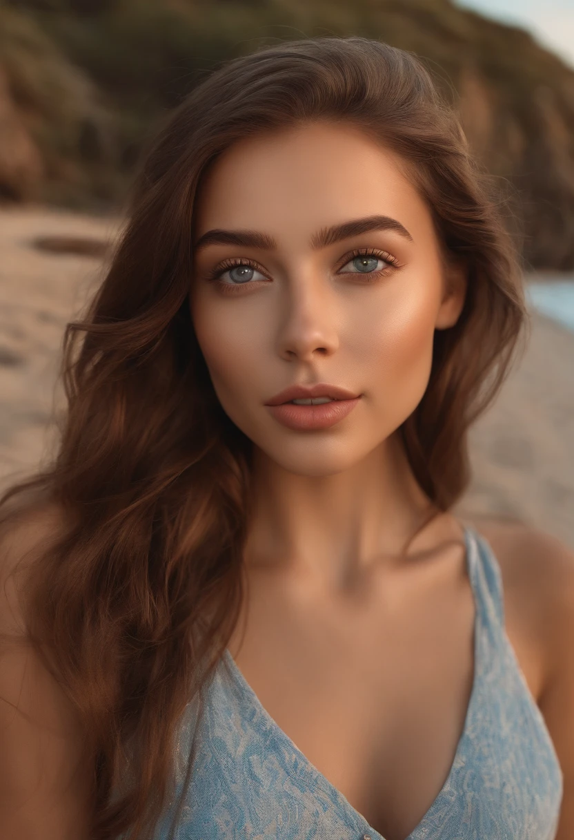 arafed woman fully , sexy girl with brown eyes, ultra realistic, meticulously detailed, portrait sophie mudd, brown hair and large eyes, selfie of a young woman,on the beach, medium to large size bust