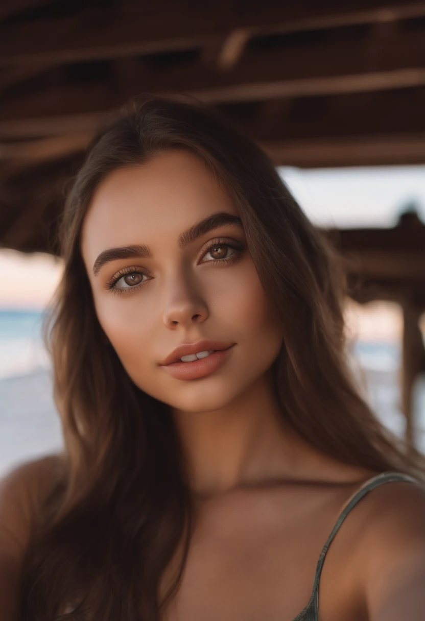 selfie  girl with brown eyes, ultra realistic, meticulously detailed, from phone perspective portrait sophie mudd, brown hair and large eyes, selfie of a young woman,on the beach, medium size bust