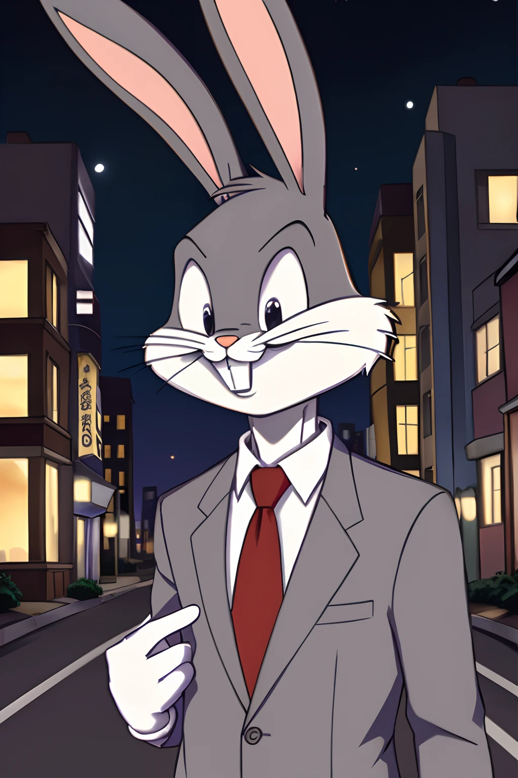 gloves, male, solo, bugs bunny, rabbit, buckteeth, wearing suit, necktie, bottomwear, street, night,  long ears, grey body, grey fur, white fur,furry,anime style, anime screencap, 2000s_\(style\), grin, forest