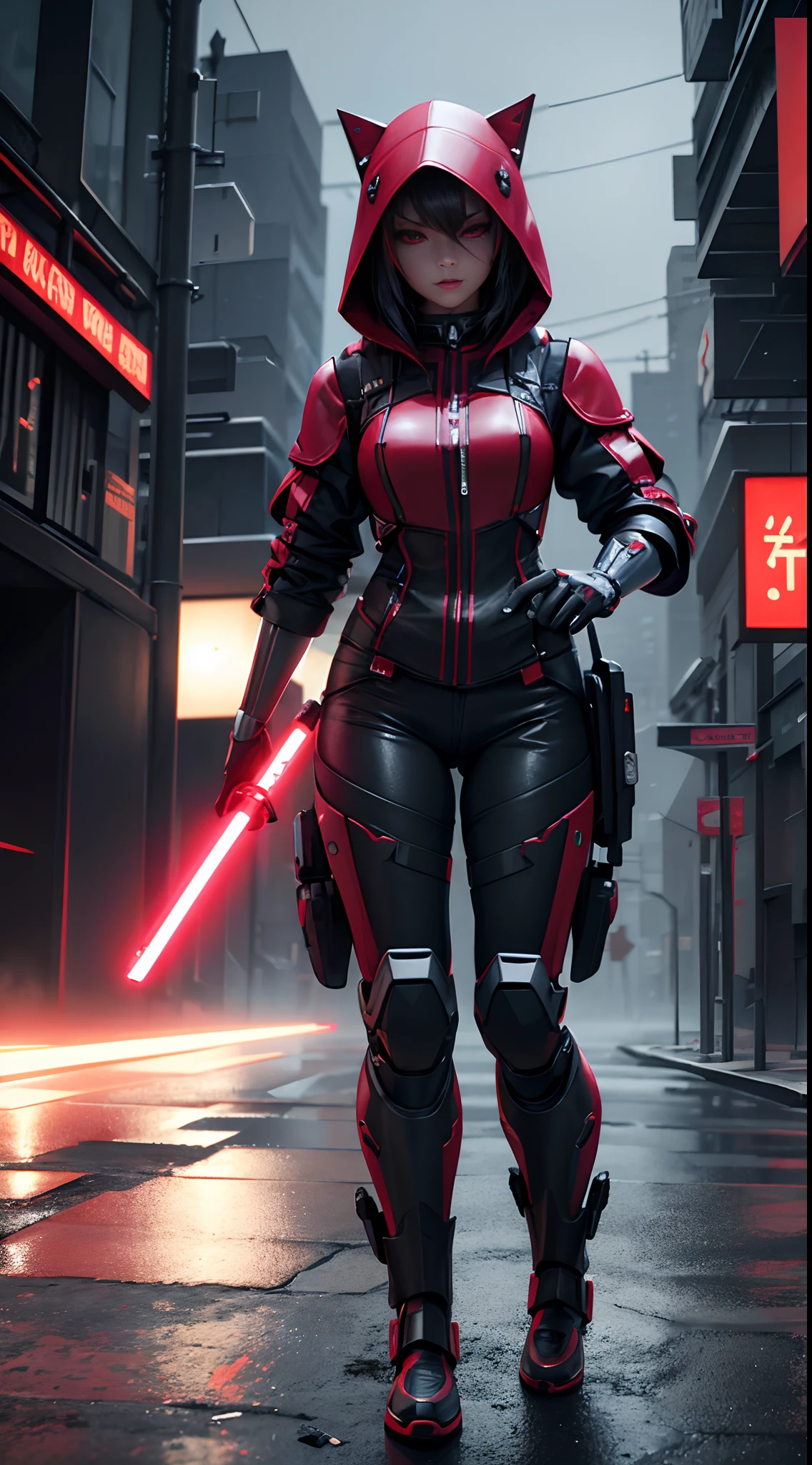 Futuristic Little Red Riding Hood with Robotic Prosthetics and Fuchsia Lightsaber Fights Zombies with Robotic Exoskeletons at Night with Thunderstorm in Abandoned City of Neo Tokyo, imagen 3D, 4K full HD, ultrarealista, hiperrealista, unreal motor 5.0 estilo cyberpunk