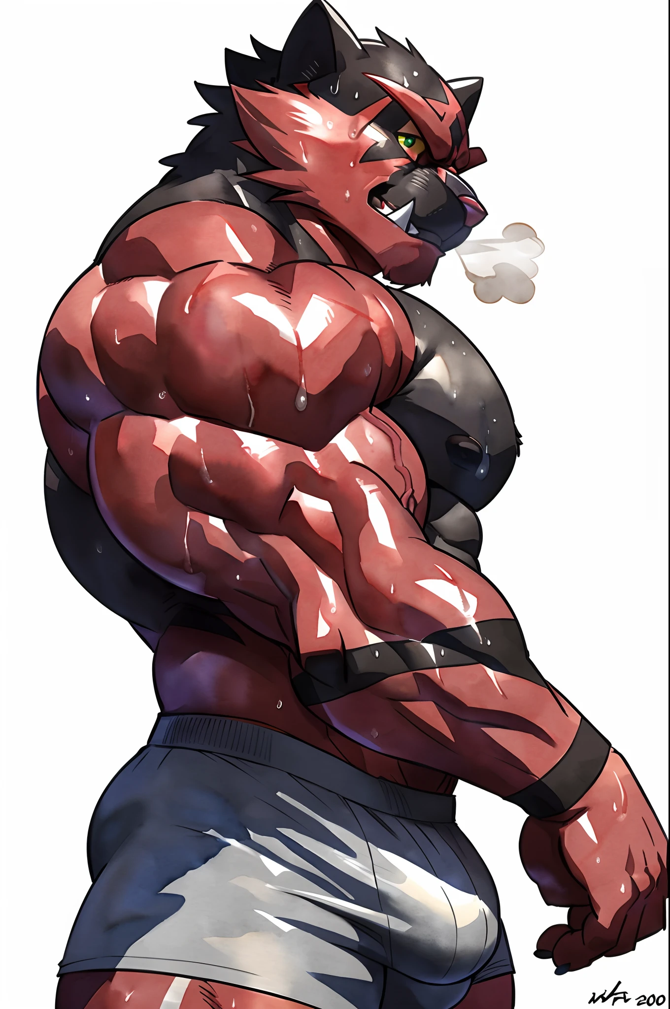 slim:1 incineroar. 4k, high resolution, best quality, posted on e621, solo, anthro body, older male, male, mane, adult, very masculine, (athletic, skinny:1 build, well defined muscles), correct anatomy, (white background, no background:1.2), (by wfa:1.2), (by Pokkuti, by vorusuarts, by Traver009:1.0), (bare torso:1.1), (boxers, bulge:1.0), (detailed eyes:1.2), sexy, (cel shaded:1.2), (sweat:1.5), visible breath, shiny muscles, cartoony shading, (watercolors:1.2), strong shadows, confident, proud, , (vascular, veins:1.1), full body