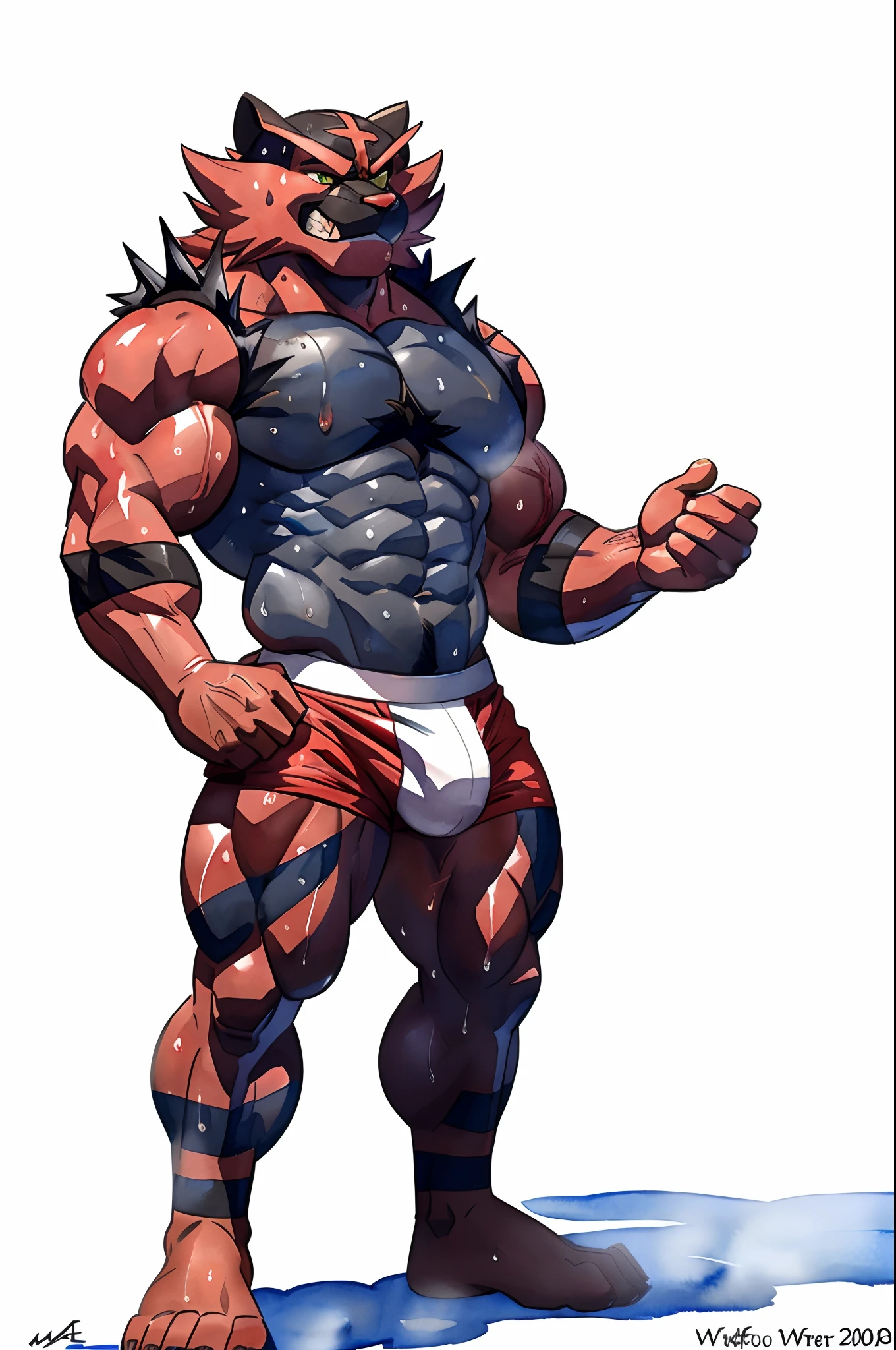 slim:1 incineroar. 4k, high resolution, best quality, posted on e621, solo, anthro body, older male, male, mane, adult, very masculine, (athletic, skinny:1 build, well defined muscles), correct anatomy, (white background, no background:1.2), (by wfa:1.2), (by Pokkuti, by vorusuarts, by Traver009:1.0), (bare torso:1.1), (boxers, bulge:1.0), (detailed eyes:1.2), sexy, (cel shaded:1.2), (sweat:1.5), visible breath, shiny muscles, cartoony shading, (watercolors:1.2), strong shadows, confident, proud, , (vascular, veins:1.1), full body