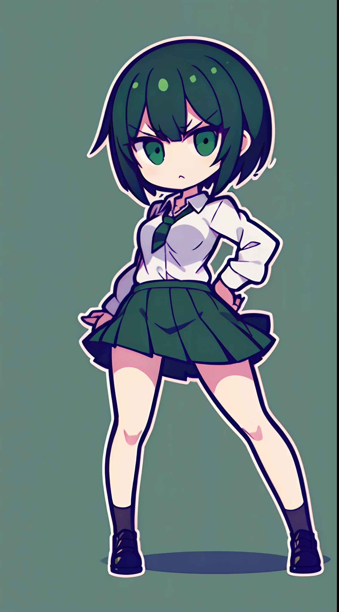 Full body girl with short green and black hair in skirt and formal dress angry