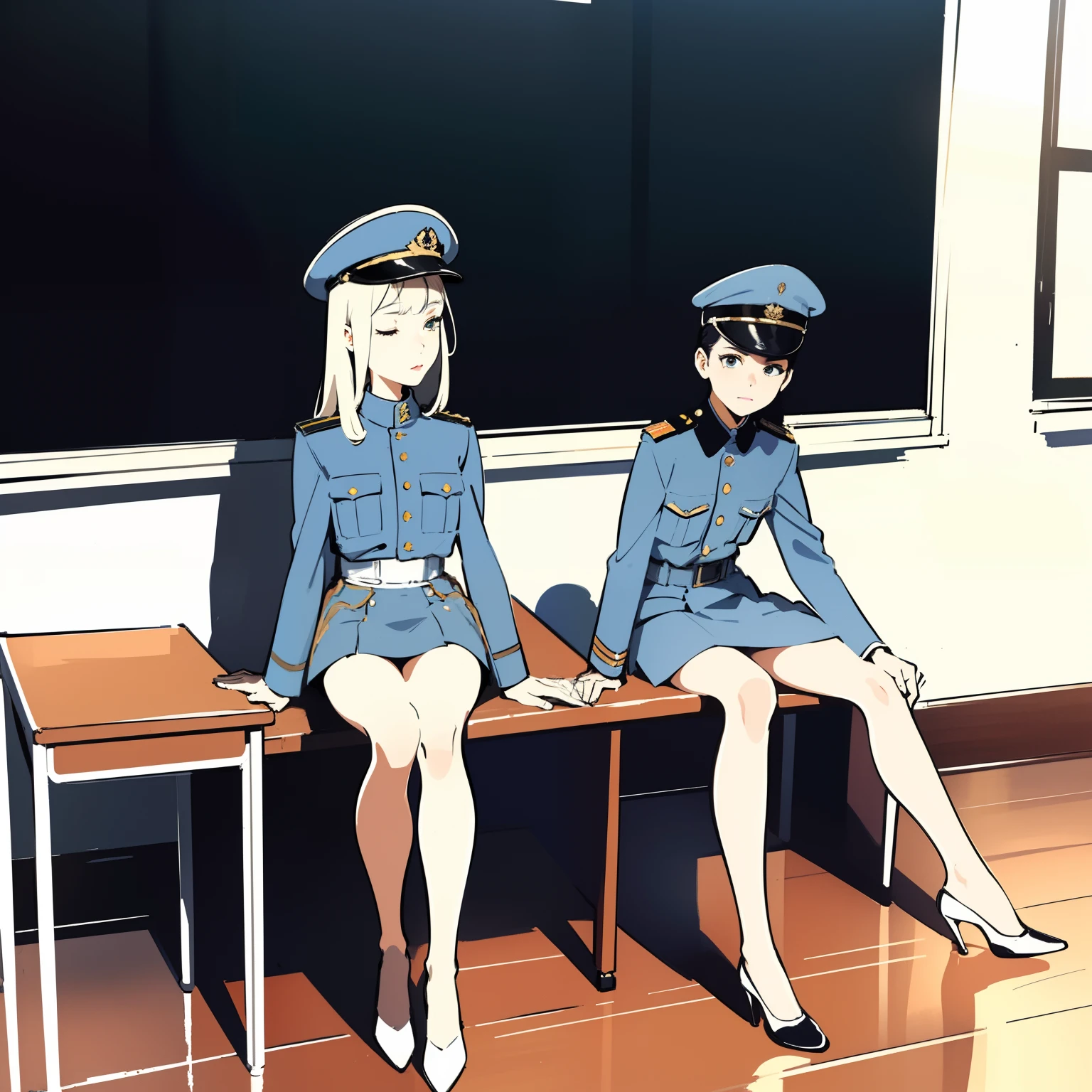 (masterpiece:1.2, best quality), 2girls, young teen, slim, (white military outfit), pleated skirt, military hat, space cadet, sitting by desk in classroom, put head on hand, eyes closed, futuristic, cosmos, watercolor